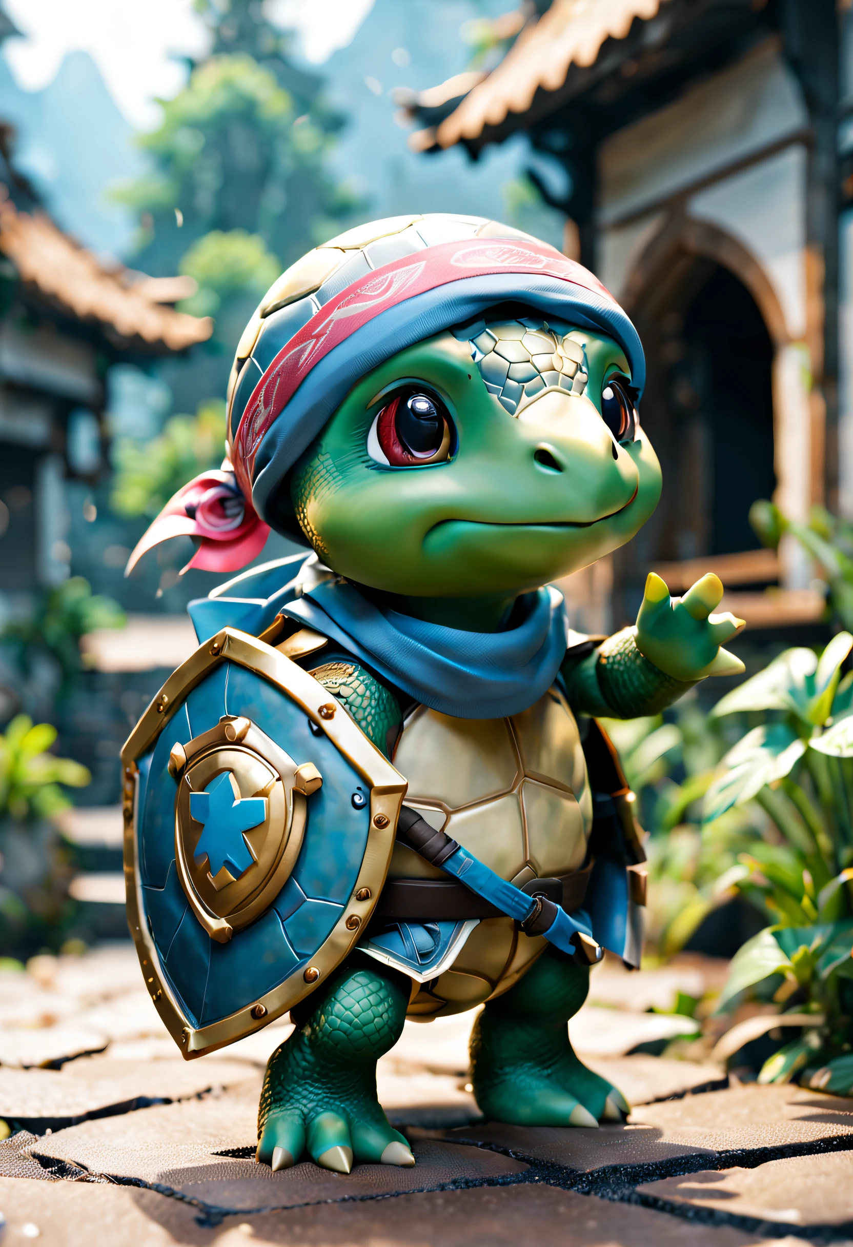 full body Esbian、Cool turtle、Pop Turtle、diorama、symple background、White background、bandana、Hold the shield with both hands、​masterpiece, Best Quality, Capture super cute moments, depth of fields, ultra-detailliert, Ultra High Resolution, Octadale, 8K, 16 K