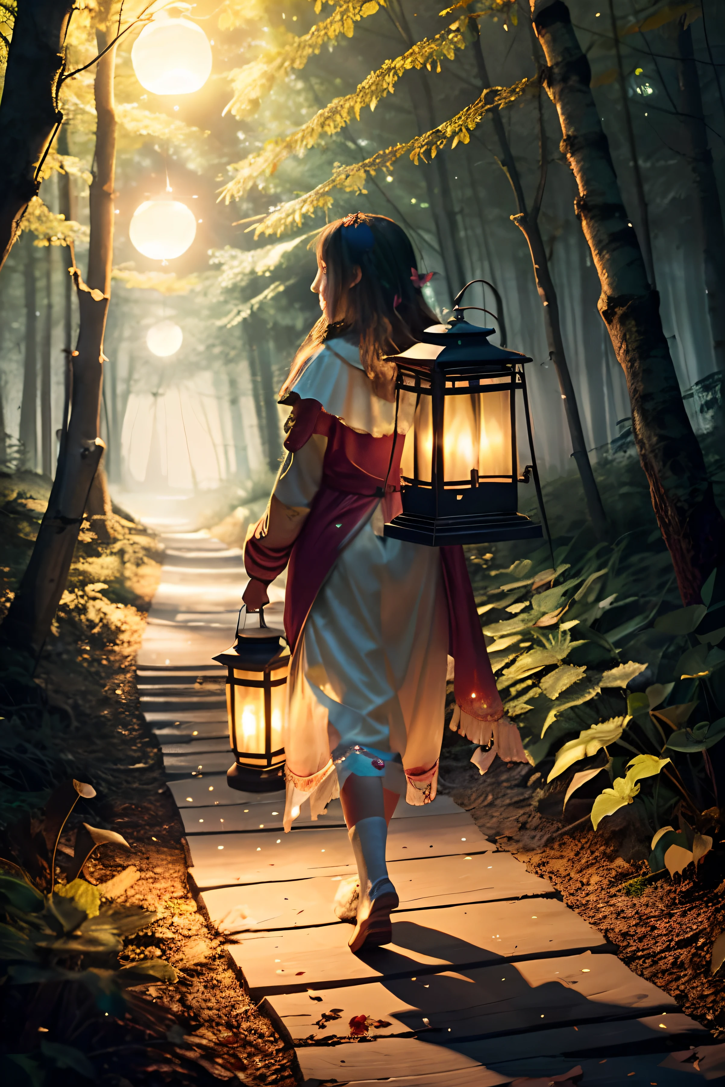 Write a vivid description of a cute girl's enchanting journey as she walks through a moonlit forest, her lantern casting a warm glow, while colorful butterflies gracefully flutter around her, creating a mesmerizing spectacle."