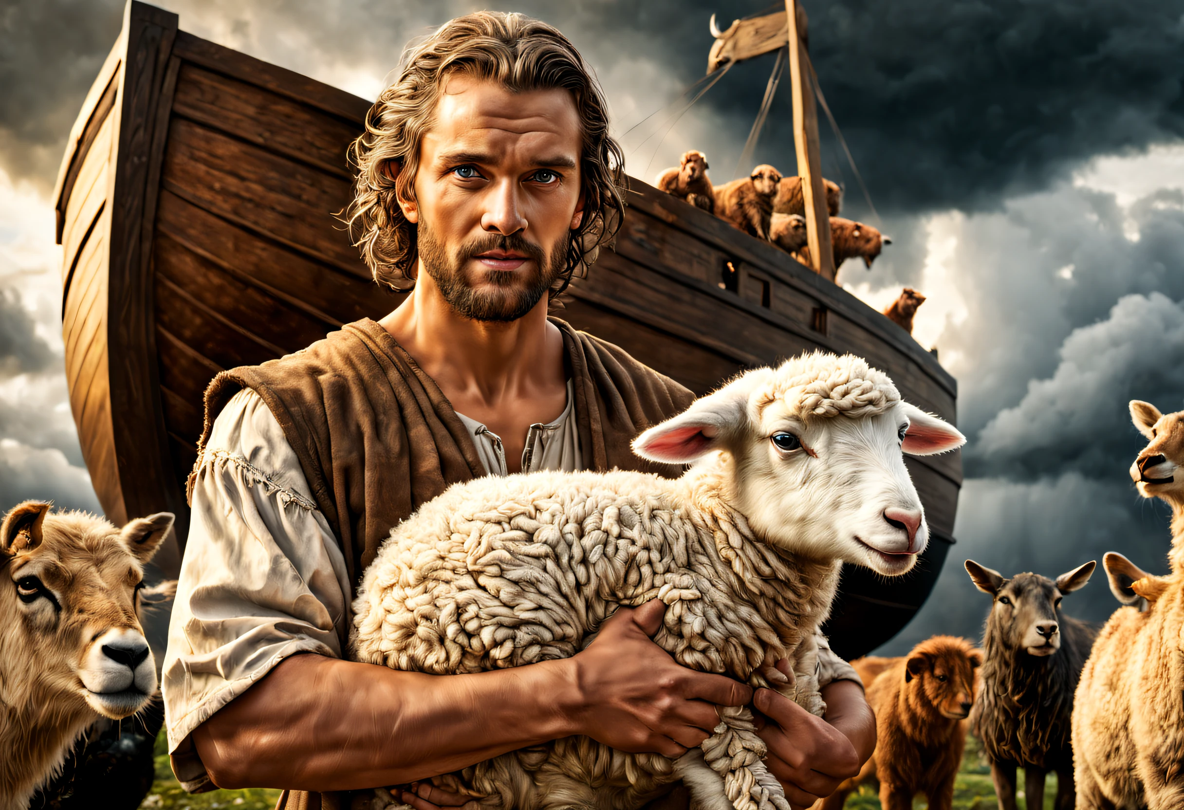 Hyper detailed photograph of a close-up of Noah with a lamb in his arms, (in the background is the great ark surrounded by different animals:1.2), storm clouds, photographic realism taken to the extreme, fine texture, incredibly realistic, cinematic, Photo format big camera. , photo realism, DSLR, 8k uhd, hdr, ultra detailed, high quality, high contrast