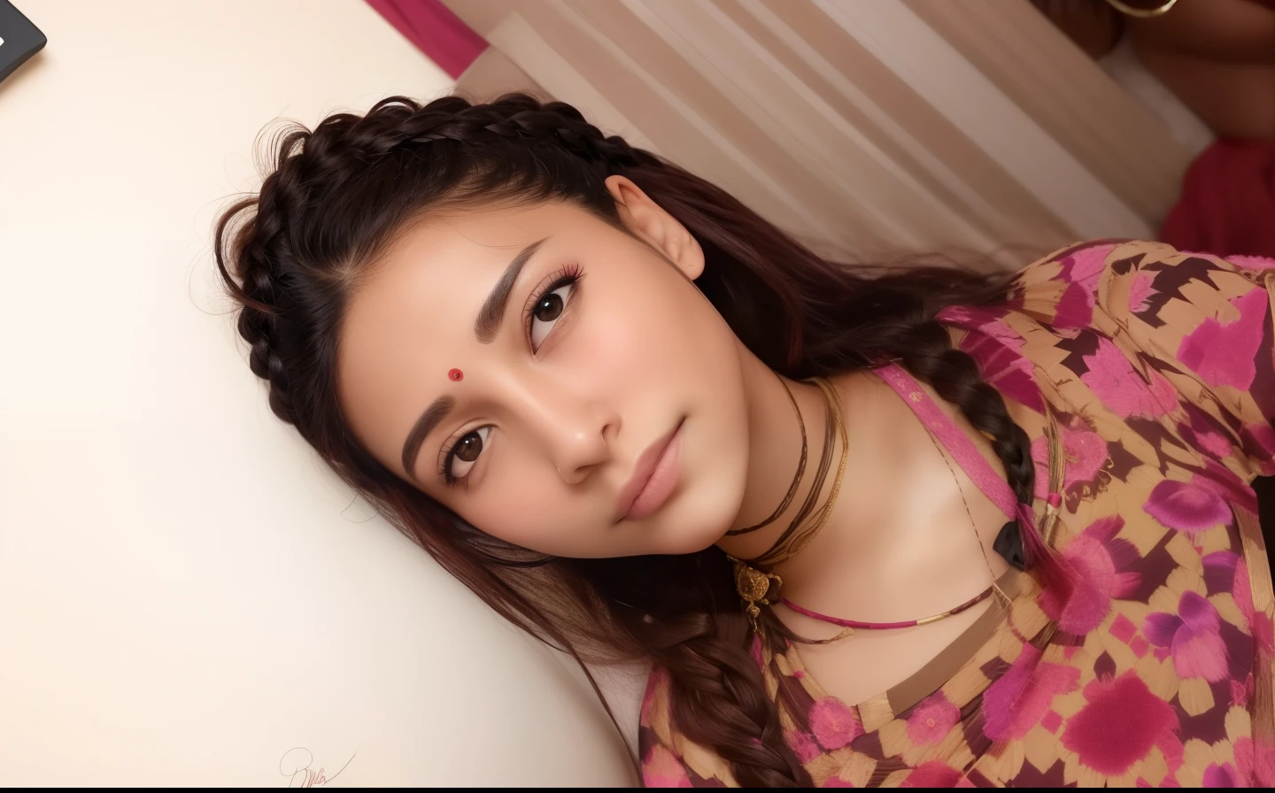 arafed woman with a black shirt and a pink braid, with accurate face, indian girl with brown skin, beuatiful face, with cute - fine - face, beutiful face, 19-year-old girl, 18 years old, very very very beautifull face, very beautiful girl, with lovely look, profile image, with kind face, indian