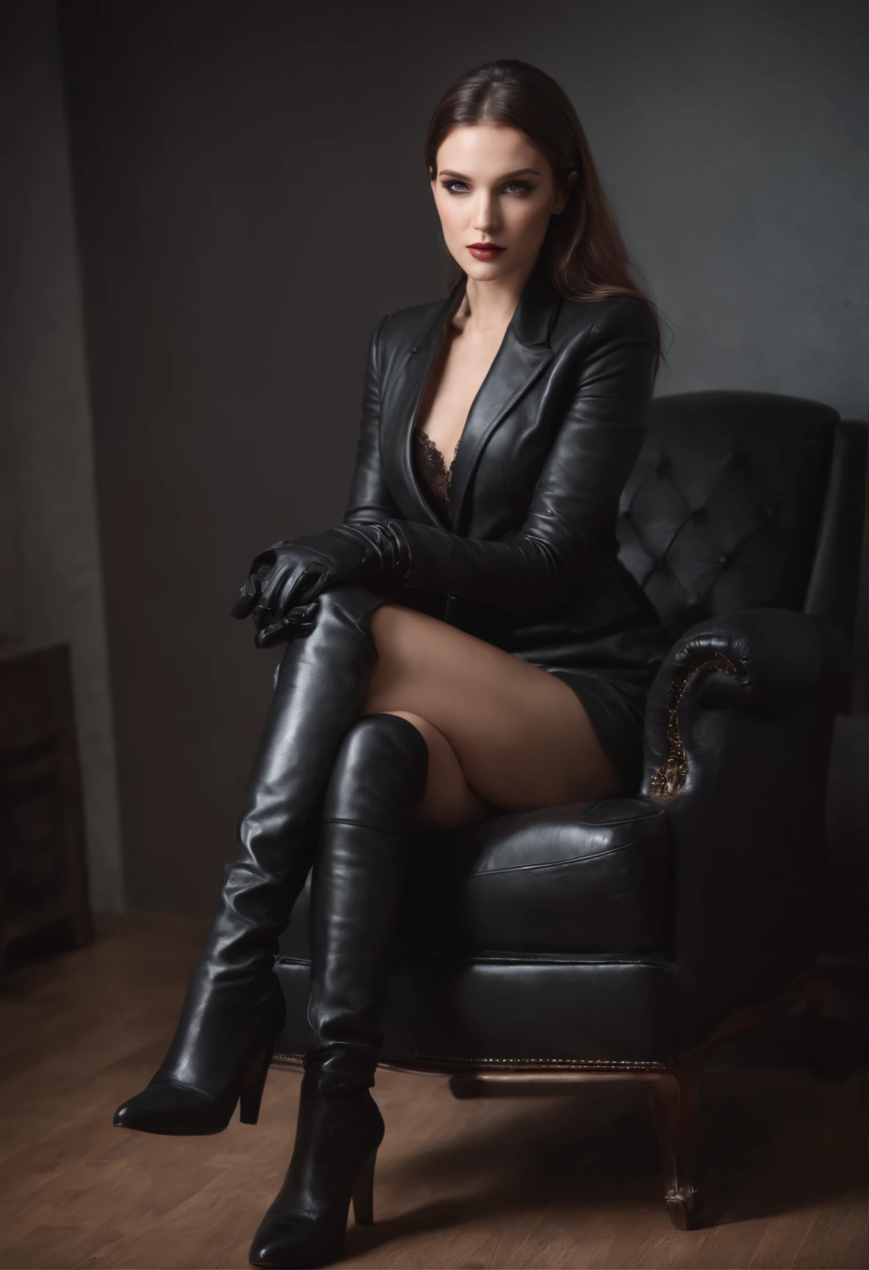 photo of  a completly clothed  prime minister of parliament woman with a smile sitting on her desk  legs crossed ,waitin for the man she loves , monica bellucci at 32 , ((incredibly clear blue eyes )) (( flirting with the camera)) (( lookin at the camera)) (( red lipstick))  (( Monica is dressed with a blue leather tellier double breasted jacket blue turtleneck sweater , gold chain, and a large covering all her legs black long maxi-skirt(black long maxi-skirt:1.2 )) (( black soft stiletto Leather boots )) (( black ponytail hair)) (( she is wearing his favorite vintage grey silk gloves )) (( she is sensually caressing her black boots))  (( the photo is from up front )) 4k 8k ultradetailed, kodak print, detailed realistic face,