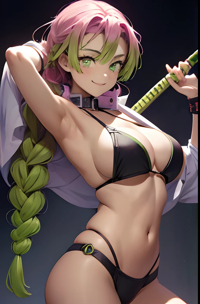 (Smile), The bikini, Japanese Katana Sword, Holding a sword in his hand,Gradient Hair, (Green eyes:1.5), Green hair, Mole under the eyes, multicolored hair, Pink hair, Twin braids, Two-tone hair, huge-breasted, Holding a sword,　Thrust the sword forward