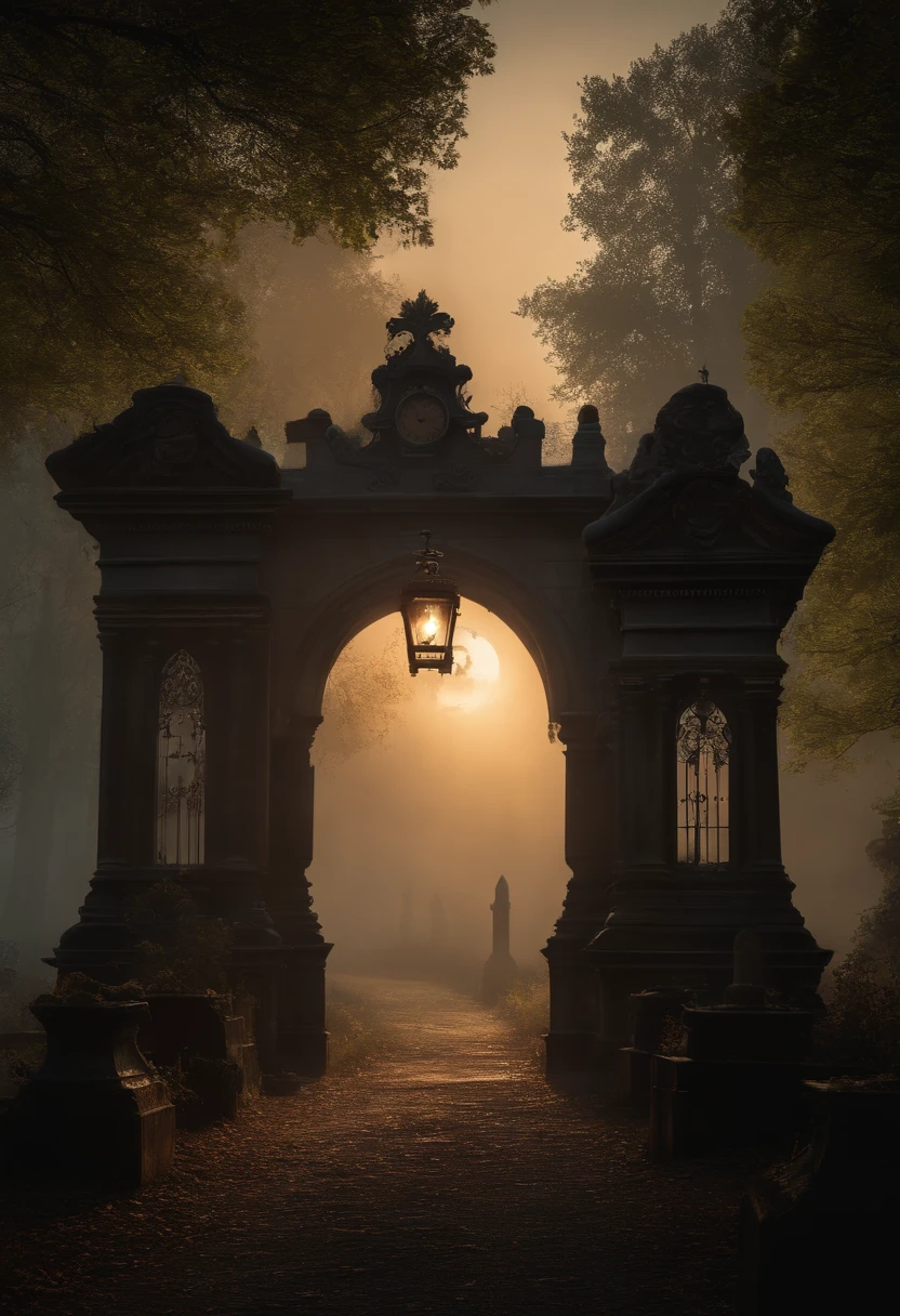 (best quality,4k,8k,highres,masterpiece:1.2),ultra-detailed,(realistic,photorealistic,photo-realistic:1.37),plague doctor,steampunk cemetery,gothic atmosphere,vintage aesthetic,hauntingly beautiful,moonlit night,dense fog,ancient tombstones,victorian architecture,twisted wrought iron gates,gloomy and mysterious mood,ornate brass goggles and mask,distressed leather cloak,mysterious figure emerging from the shadows,ethereal green glow emanating from the mask,ornate pocket watch,overgrown vines and ivy creeping on tombstones,ravens perched on tree branches,surreal silhouettes,misty lantern lights,sepia tones,faint sound of a clock ticking,gear mechanisms and pipes intertwining the scenery,frame within a frame composition,dimly lit candles,uncanny mixture of technology and death,otherworldly elements intertwined with the graveyard setting