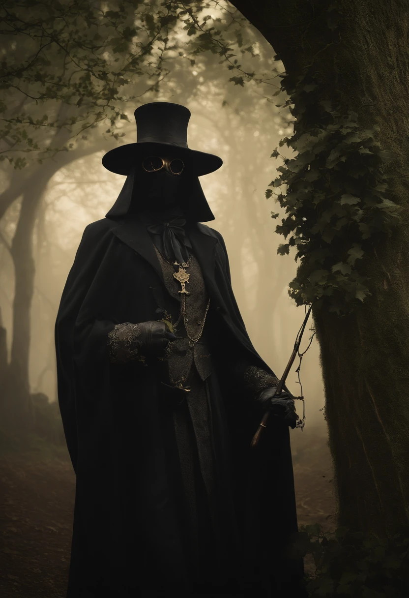 (best quality,4k,8k,highres,masterpiece:1.2),ultra-detailed,(realistic,photorealistic,photo-realistic:1.37),plague doctor,steampunk cemetery,gothic atmosphere,vintage aesthetic,hauntingly beautiful,moonlit night,dense fog,ancient tombstones,victorian architecture,twisted wrought iron gates,gloomy and mysterious mood,ornate brass goggles and mask,distressed leather cloak,mysterious figure emerging from the shadows,ethereal green glow emanating from the mask,ornate pocket watch,overgrown vines and ivy creeping on tombstones,ravens perched on tree branches,surreal silhouettes,misty lantern lights,sepia tones,faint sound of a clock ticking,gear mechanisms and pipes intertwining the scenery,frame within a frame composition,dimly lit candles,uncanny mixture of technology and death,otherworldly elements intertwined with the graveyard setting