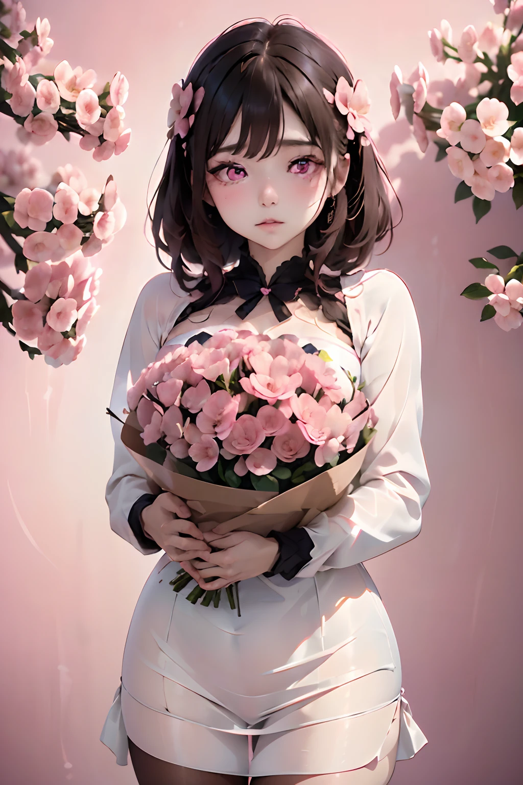 (((Pink background:1.3)))、((Bouquet of pink flowers、large bouquet of pink flowers,,、Have a large bouquet of pink flowers:1.5))、Best Quality, masutepiece, High resolution, (((1girl in))), ,(((Pink eyes:1.3)))、pink  dress、((PINK SHIRT:1.3、Pink Block Dress)), Tindall Effect, Realistic, Shadow Studio,Ultramarine Lighting, dual-tone lighting, (High Detail Skins: 1.2)、Pale colored lighting、Dark lighting、 Digital SLR, Photo, High resolution, 4K, 8K, Background blur,Fade out beautifully、Pink World