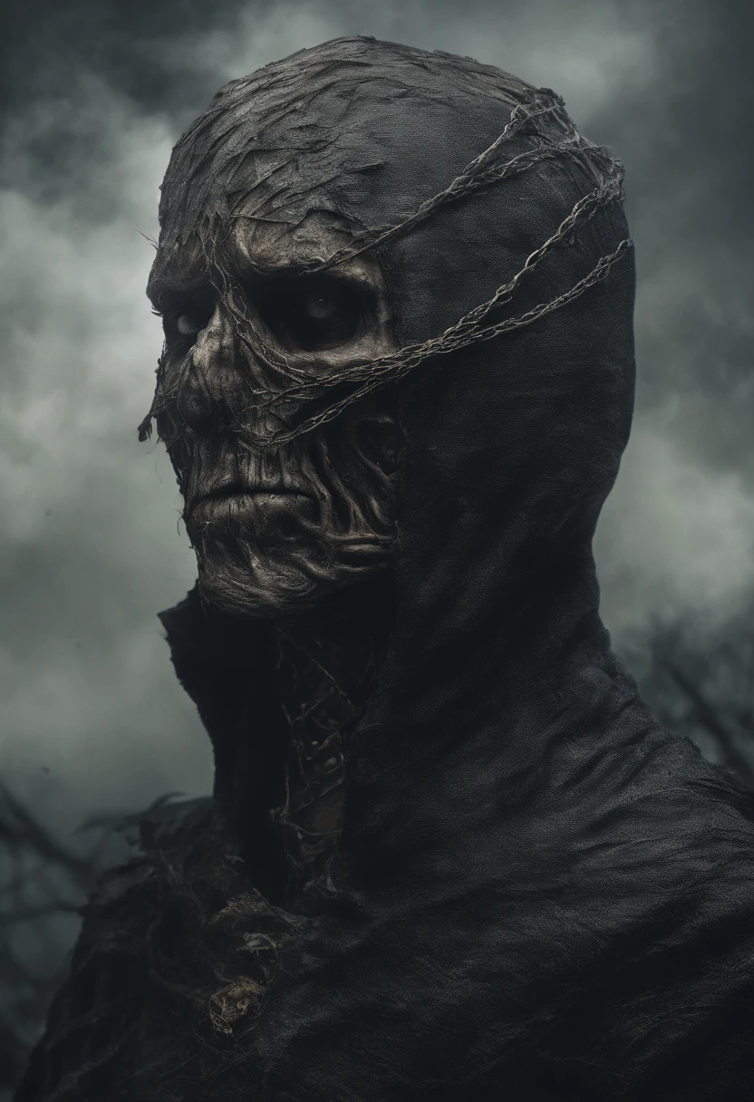 waist up, very old, half of the face deformed and melted, tall, two meters, black aura, scary, dirty, beggar, short gray hair, pale and wrinkled skin, sparse beard, yellowish pupils, hunched posture, penetrating and evil, torn clothes, cloak of raven feathers on the back, body covered with bands and hood, fog, dark gas station, horror, fear, scary, suspense, enigmatic, occultist, dark gothic, ominous and strangely macabre, magical