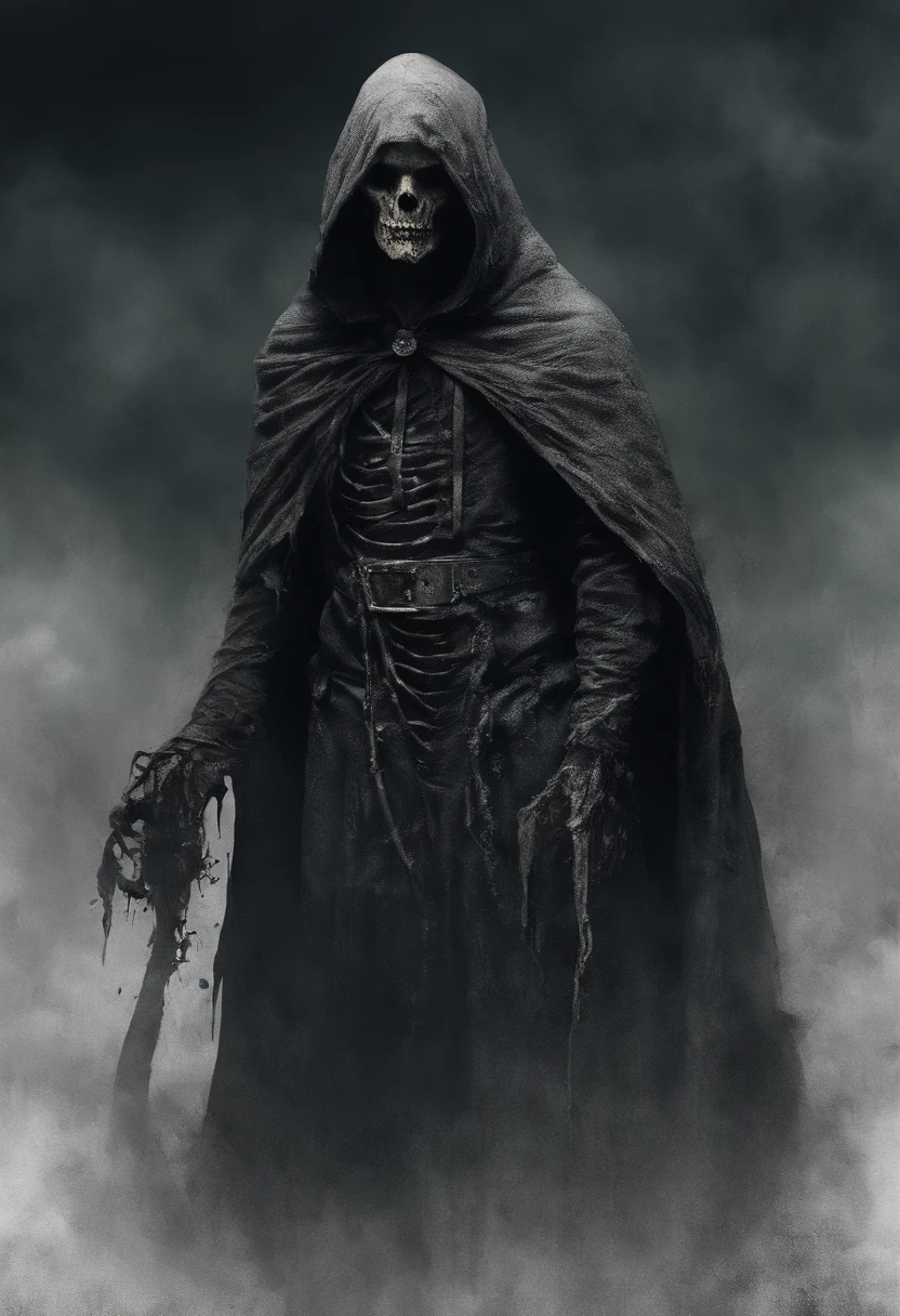 waist up, very old, half of the face deformed and melted, tall, two meters, black aura, scary, dirty, beggar, short gray hair, pale and wrinkled skin, sparse beard, yellowish pupils, hunched posture, penetrating and evil, torn clothes, cloak of raven feathers on the back, body covered with bands and hood, fog, dark gas station, horror, fear, scary, suspense, enigmatic, occultist, dark gothic, ominous and strangely macabre, magical