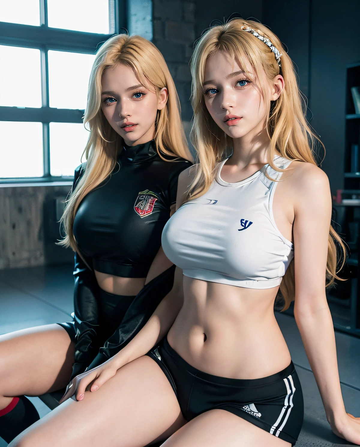 2girl, (Twins), Blue eyes, (smiling), (Sana Minatozaki), wide hips, Big Boobs, big ass, (Best Quality, 8k, Masterpiece: 1.3), perfect hands, Clear Focus: 1.2, Perfect Body Beauty: 1.4 , Slender Abs: 1.2, Highly detailed face and skin texture, detailed eyes, double eyelids, (blonde long hair), (sports top), (sports panties), (sitting whit his twin sister :1.3), in a gym, deep on field