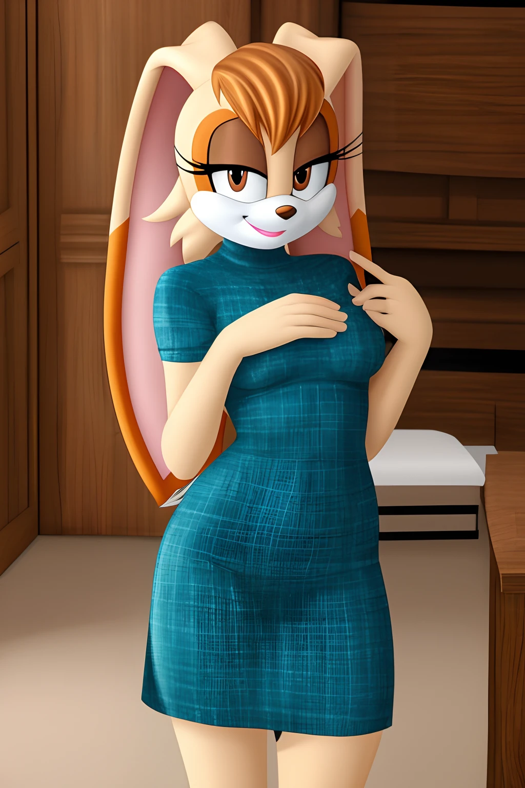 rabbit girl, vanillarabbit, solo, (best quality, masterpiece:1), medium breasts, sexy pose, dress, furry female anthro, looking at viewer, (detailed background:1.2), smile,