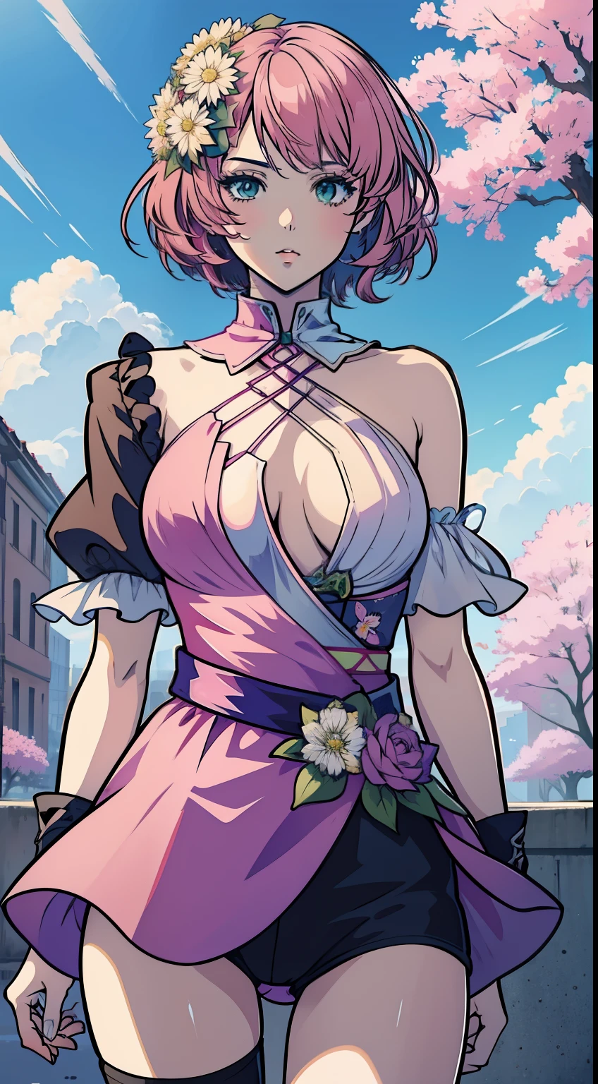 (master part, melhor qualidade) Alisa Rosto bonito, Olhos verdes detalhados , roupas elegantes e detalhadas , puffy lips ,Short Pink Hair Flower Accessories, (melhores detalhes) ( melhor qualidade) espetacular, dramatic scenery, Tekken , Digital anime illustration, Estilo anime 4K, por Yang J, Arte Digital Anime detalhada, arte digital estilo anime, a beautiful artwork illustration, Digital anime illustration, Arte Digital Anime, 8k arte detalhada de alta qualidade, TEKKEN 7