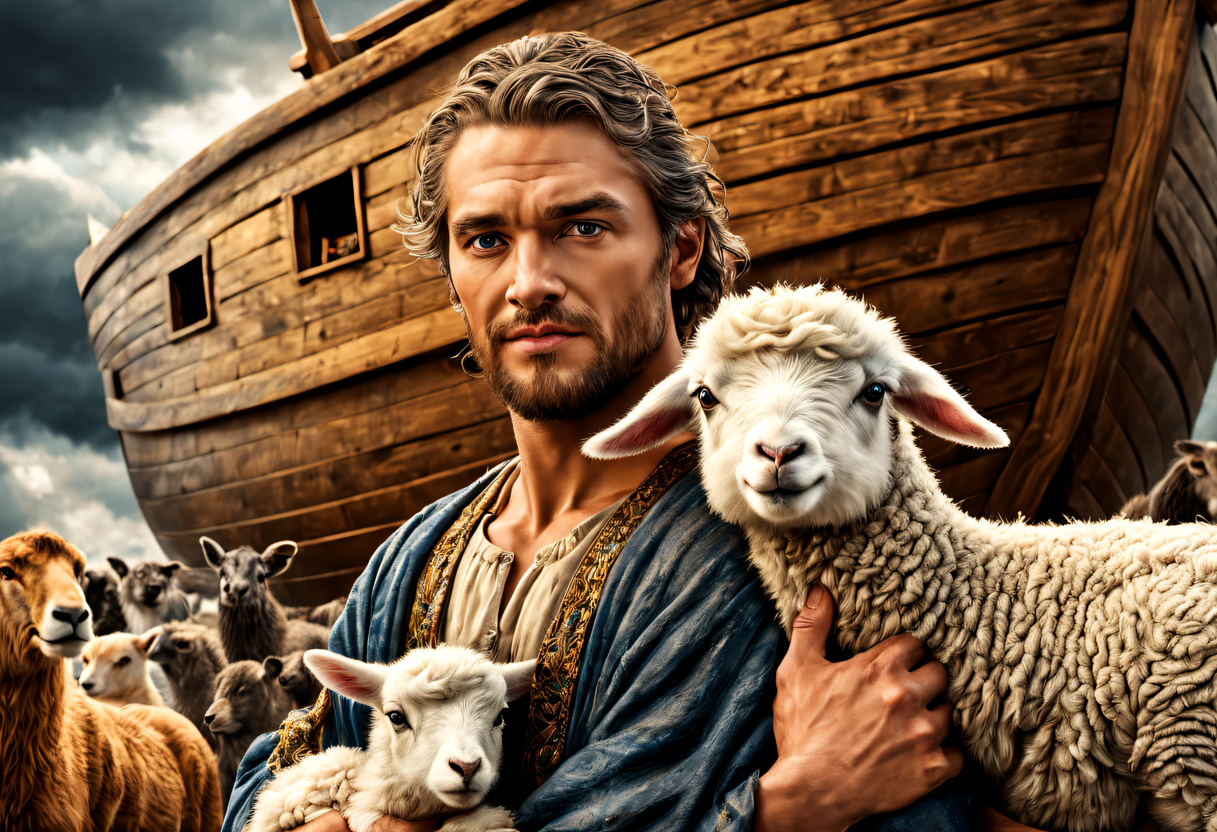 Hyper detailed photograph of a close-up of Noah with a lamb in his arms, (in the background is the great ark surrounded by different animals in pairs: 1.2), storm clouds, photographic realism taken to the extreme, fine texture, incredibly realistic, cinematic. , Large camera with photo format. , photo realism, DSLR, 8k uhd, hdr, ultra detailed, high quality, high contrast