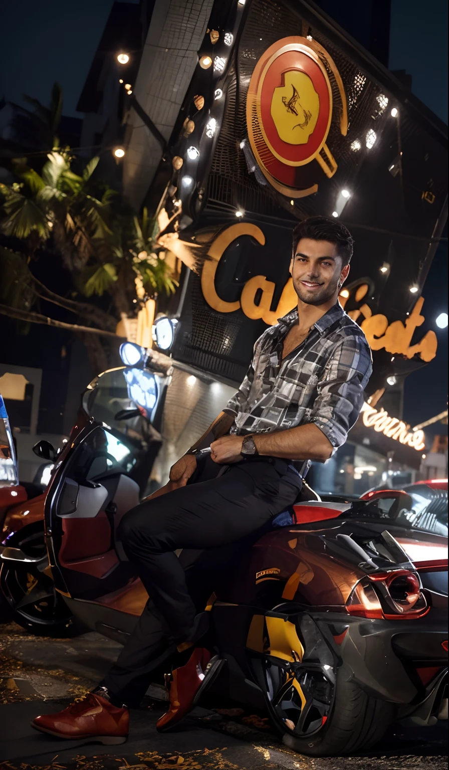 Portuguese 30yo man , dark short hair, dark suit,confident expression,sharp jawline,vibrant skin,smiling,handsome face,standing pose,city backdrop,professional studio lighting,realistic,a Ferrari, photorealistic:1.37,portraits,vivid colors,cool tone,soft lighting