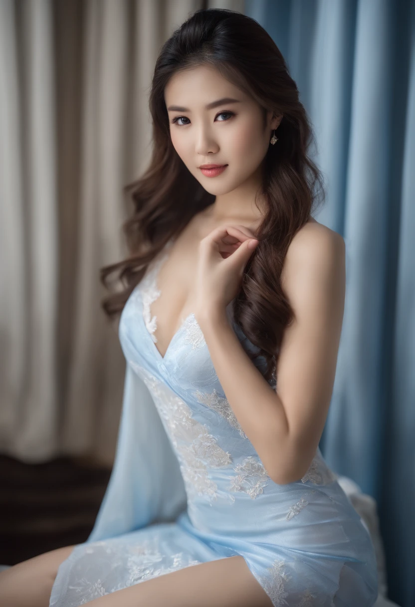 1girl in, (Best Quality ,masutepiece,超A high resolution,(photographrealistic:1.4), Perfect cute face20Year old woman: 1.4, Slender Abs: 1.2, Large breasts, (((Long wavy hair)), Highly detailed face and skin texture, (Pose)), (Seductive)), Tight-fitting clothing, Whole body, Wet, Light blue swimsuit、Underwear, Seductive_Pose, Lace_Panties, toView_through, Sunlight, Figaro, Classic