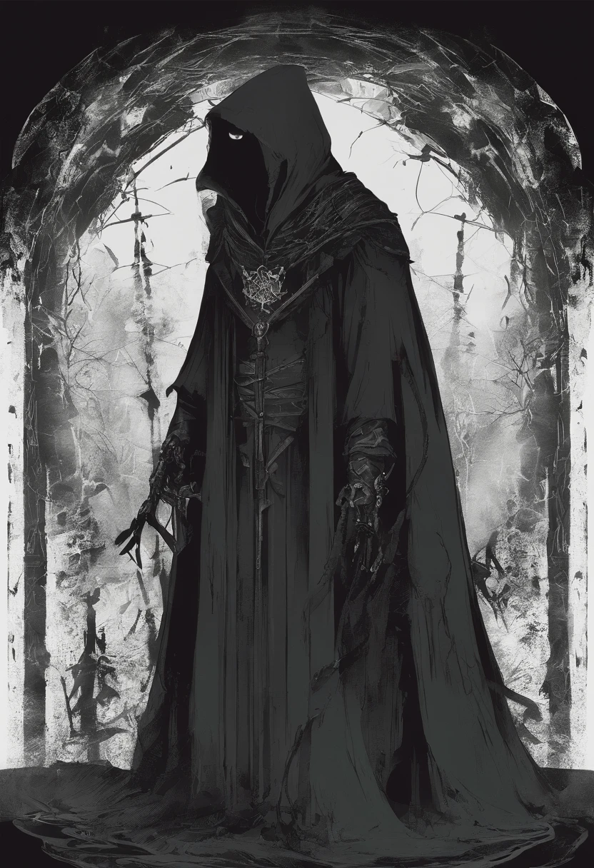 waist up, very old, half of the face deformed and melted, tall, two meters, black aura, scary, dirty, beggar, short gray hair, pale and wrinkled skin, sparse beard, yellowish pupils, hunched posture, penetrating and evil, torn clothes, cloak of raven feathers on the back, body covered with bands and hood, fog, dark gas station, horror, fear, scary, suspense, enigmatic, occultist, dark gothic, ominous and strangely macabre, magical
