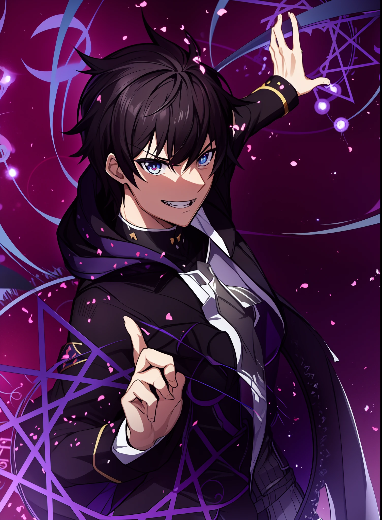 personagem de anime com um cabelo preto e uma jaqueta preta apontando para algo, anime moe artstyle, arte chave do anime, Preto - Mago Cabelo, shigenori soejima illustration, jovem mago das sombras macho, Okata Kazuto., cara de anime alto com olhos azuis, Kirito, personagem de anime masculino, Tsuaii, arte chave detalhada do anime, jovem homem de anime, Wiccano