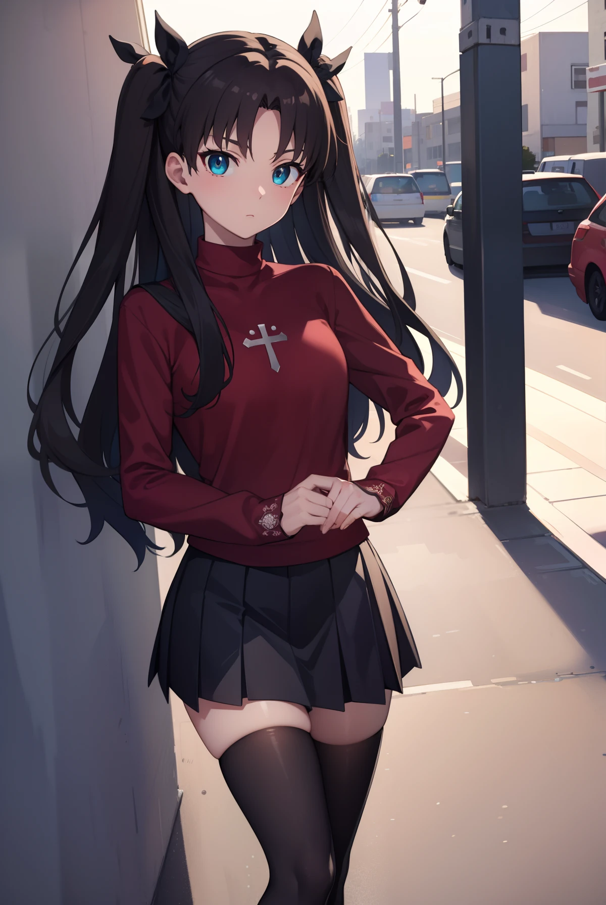 rintohsaka, rin tohsaka, aqua eyes, black hair, hair ribbon, long hair, ribbon, sidelocks, two side up,
BREAK black skirt, black thighhighs, long sleeves, miniskirt, pleated skirt, red sweater, skirt, sweater, thighhighs, turtleneck,
BREAK outside, city,
BREAK looking at viewer, BREAK (masterpiece:1.2), best quality, high resolution, unity 8k wallpaper, (illustration:0.8), (beautiful detailed eyes:1.6), extremely detailed face, perfect lighting, extremely detailed CG, (perfect hands, perfect anatomy),