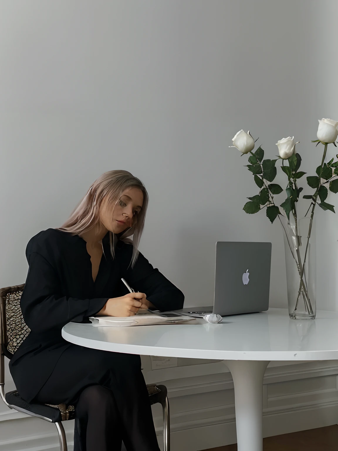 Uma mulher loira com cabelo liso, vestindo um terno escuro, Sits on a wicker and metal chair to the left of a white round table. She's focused, Writing in a pastel pink notebook that's in front of you. Ao lado do caderno, There's a silver pen. Na mesa, To your right, is an Apple MacBook laptop with the lid partially open, And next to the laptop is a tall clear glass vase containing three white roses with green stems. The wall in the background is flat and light in color, talvez cinza ou branco suave. The environment has a minimalist and tranquil aesthetic, com foco na mulher trabalhando e nos itens na mesa. A luz parece vir naturalmente de uma janela fora do quadro, iluminando a cena de forma suave.