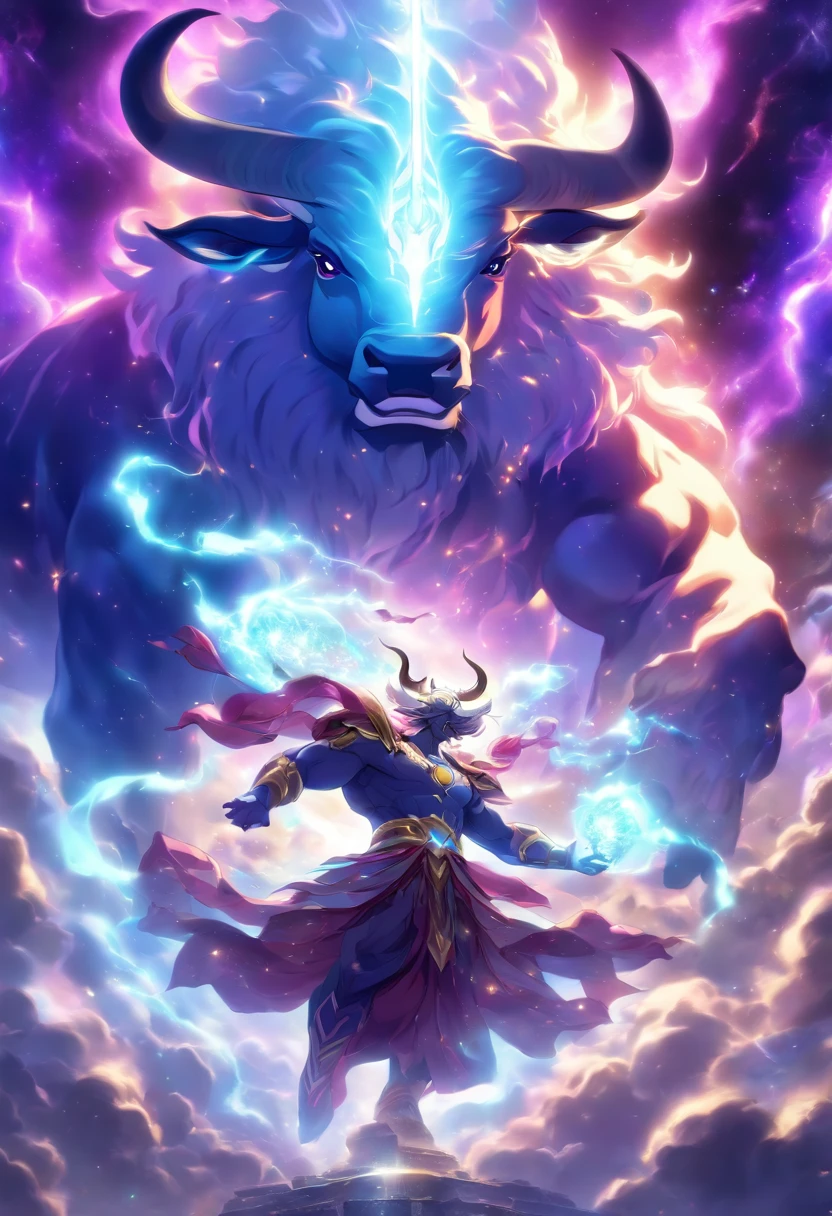 (((God of light vs Cosmic Bull))) best quality, ultra-high resolution, 4K detailed CG, masterpiece, Persian God, God of light, purple Cosmic Bull, Persian clothing, Persian mythology, aesthetics, (( Fighting the Bull)), Beautiful image, centered on the screen, full body