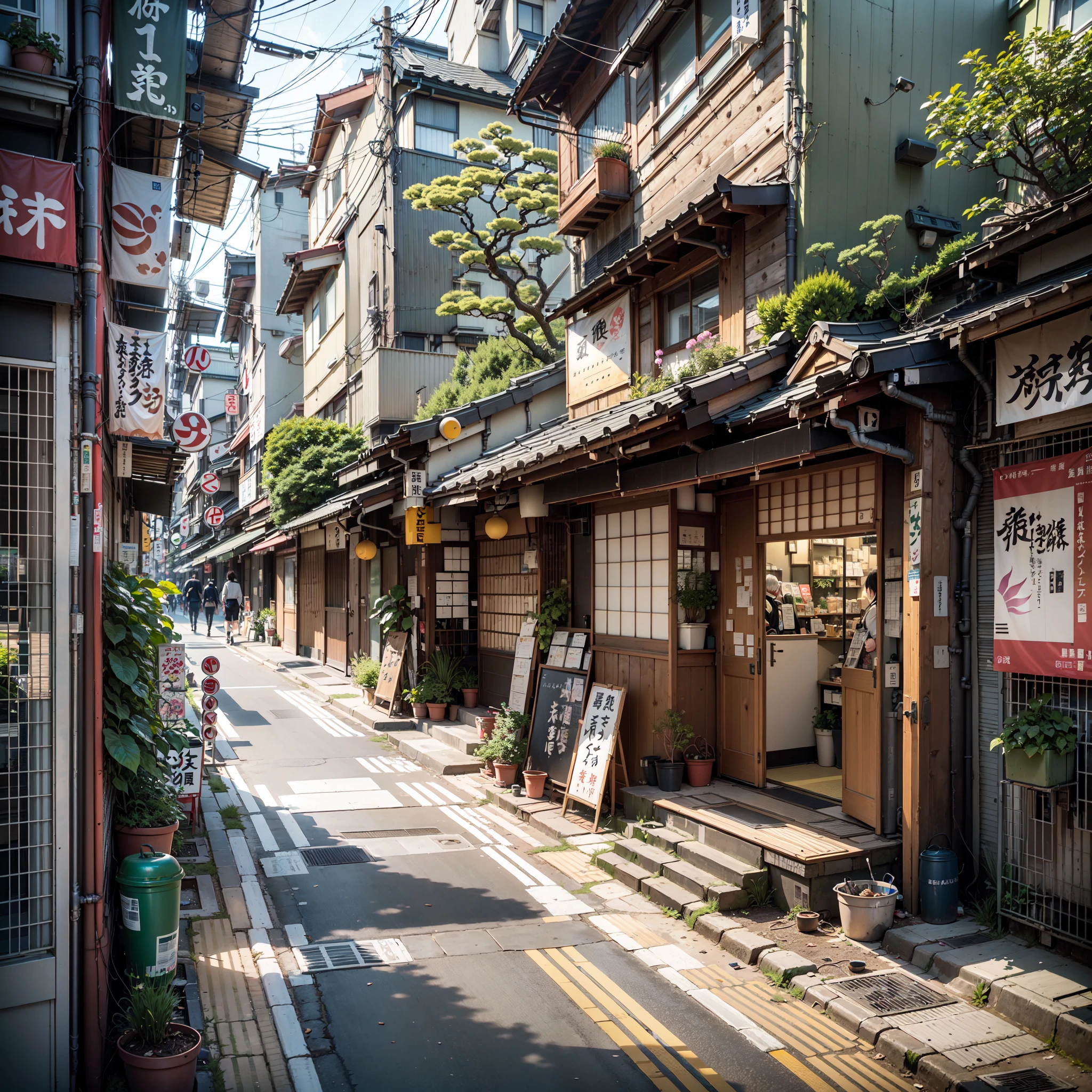 anime background, anime wallpaper, anime, anime style, anime aesthetic, compact urban japanese alley, modern japanese coffee shop, golden lighting coming out of coffee shop window, narrow pathway, plant pots, trees, rocks, trash cans, gutters, pipes, telephone wires, air vents, air ventilation systems, japanese banners, japanese shop signs, japanese billboard, no one in sight, no people, empty street, (no one: 1), best quality, mid day, modern japan architecture, tokyo,