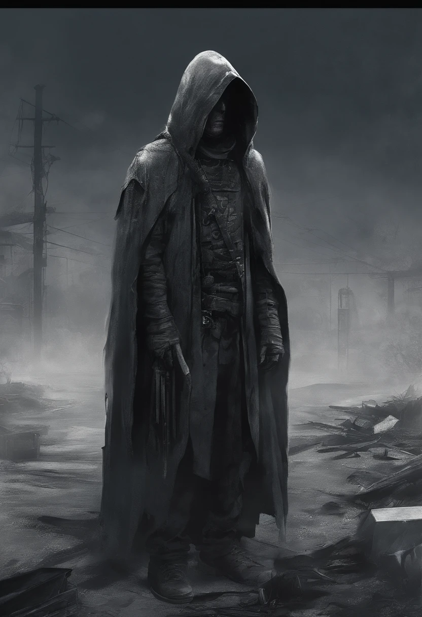 waist up, very old, half of the face deformed and melted, tall, two meters, black aura, scary, dirty, beggar, short gray hair, pale and wrinkled skin, sparse beard, yellowish pupils, hunched posture, penetrating and evil, torn clothes, cloak of raven feathers on the back, body covered with bands and hood, fog, dark gas station, horror, fear, scary, suspense, enigmatic, occultist, dark gothic, ominous and strangely macabre, magical