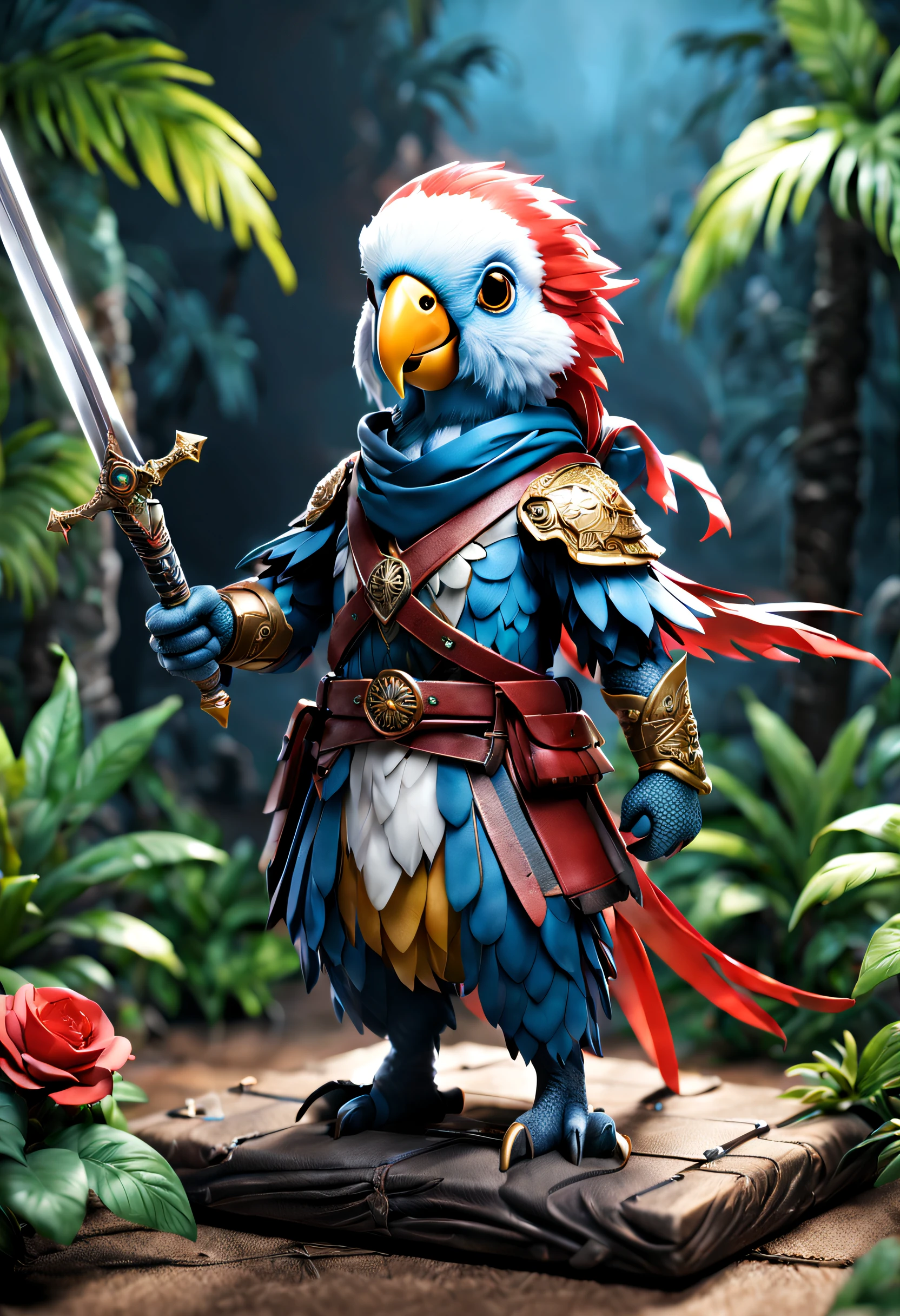 full body Esbian、Cool parrot、Pop parrot、diorama、symple background、White background、bandana、Holding the sword in both hands、masterpiece, Best Quality, Capture super cute moments, depth of fields, ultra-detailliert, Ultra High Resolution, Octadale, 8K, 16 K