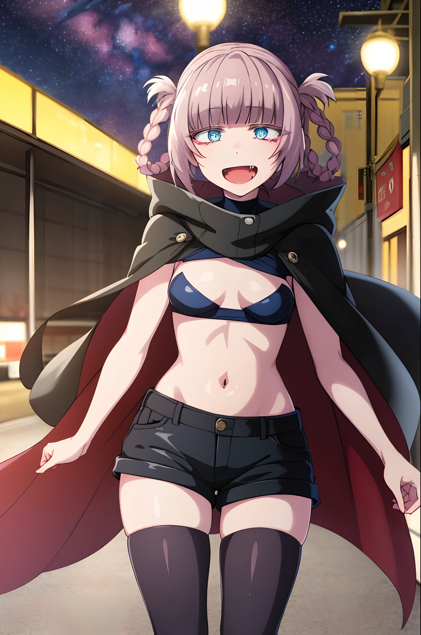 best quality, (masterpiece:1.2), highly detailed,
yofukashi background, street, starry sky,
1girl, solo,
nanakusa nazusa,
standing, looking at the viewer, open mouth, slight smile, fang,
blue eyes, pink hair, hair rings,
black cape, sleeveless turtleneck, cleavage cutout, navel, black shorts, black thighhighs
