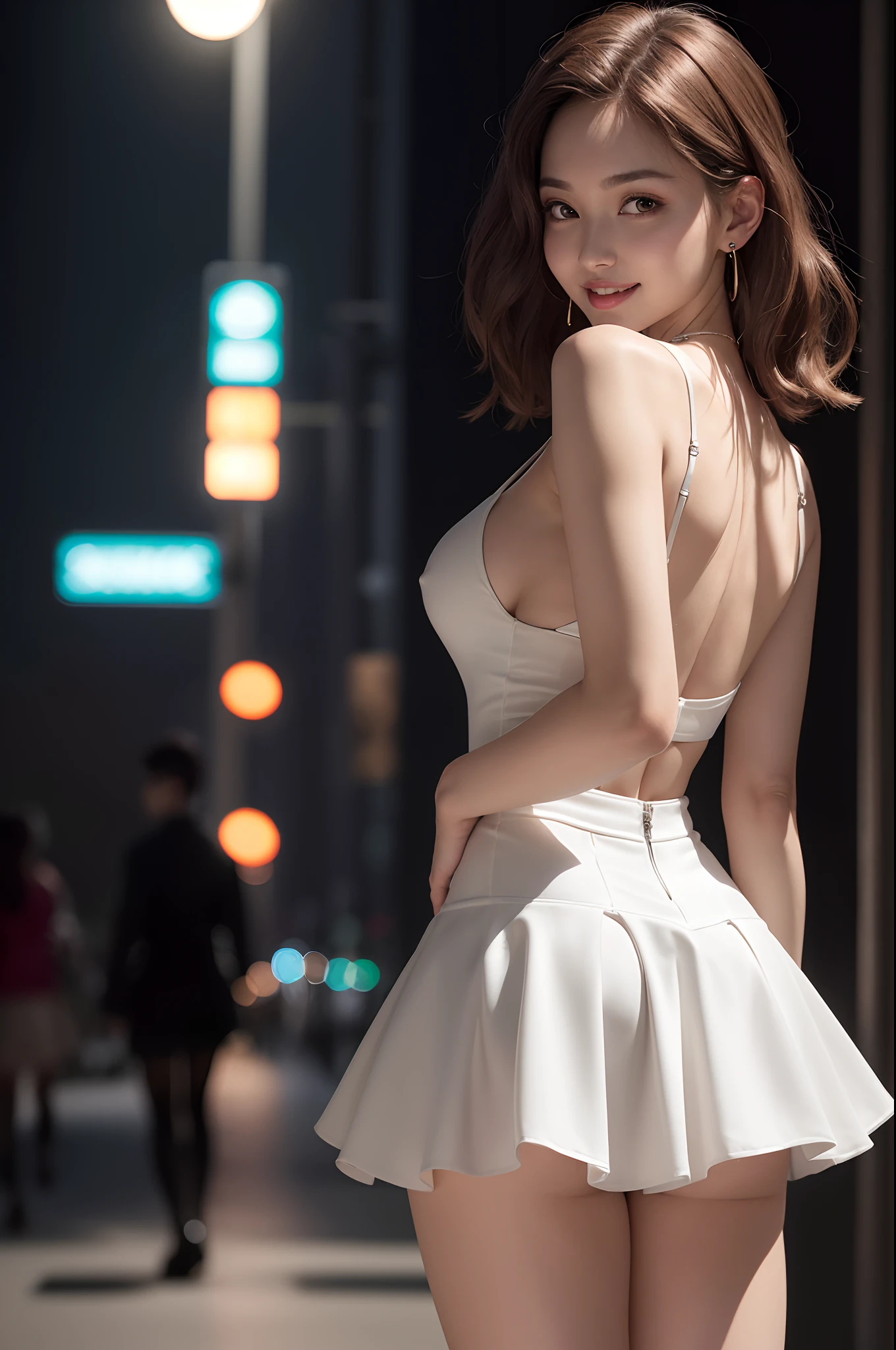 8k, masterpiece, RAW photo, best quality, photorealistic, extremely detailed CG unity 8k wallpaper, Depth of field, Cinematic Light, Lens Flare, Ray tracing, (extremely beautiful face, beautiful lips, beautiful eyes), intricate detail face, ((ultra detailed skin)) 1girl, in the dark, deep shadow, pretty korean girl, kpop idol, 1 girl, (very slim slender fit-muscled body:1.3), ((looking at viewer)),(big smile:1.3), (midnight, dark night, (neon sign), (blurred background), dim light), (without people in the background:1.3), beautiful earrings, bracelets, necklace, pantyhose, clear eyes, bending , front shot, (pale skin), (big eyes), face forward, (full body shot), (brown hairs), open navel, (looking at viewer:1.3), very slim, medium breasts, (camel toe), thick thighs, turn back, (flooming laced mini dress), ((white color dress)), (tight skirt), ((turning back, back shot)), (ultra mini skirt), exposed ass, (up skirt shot)