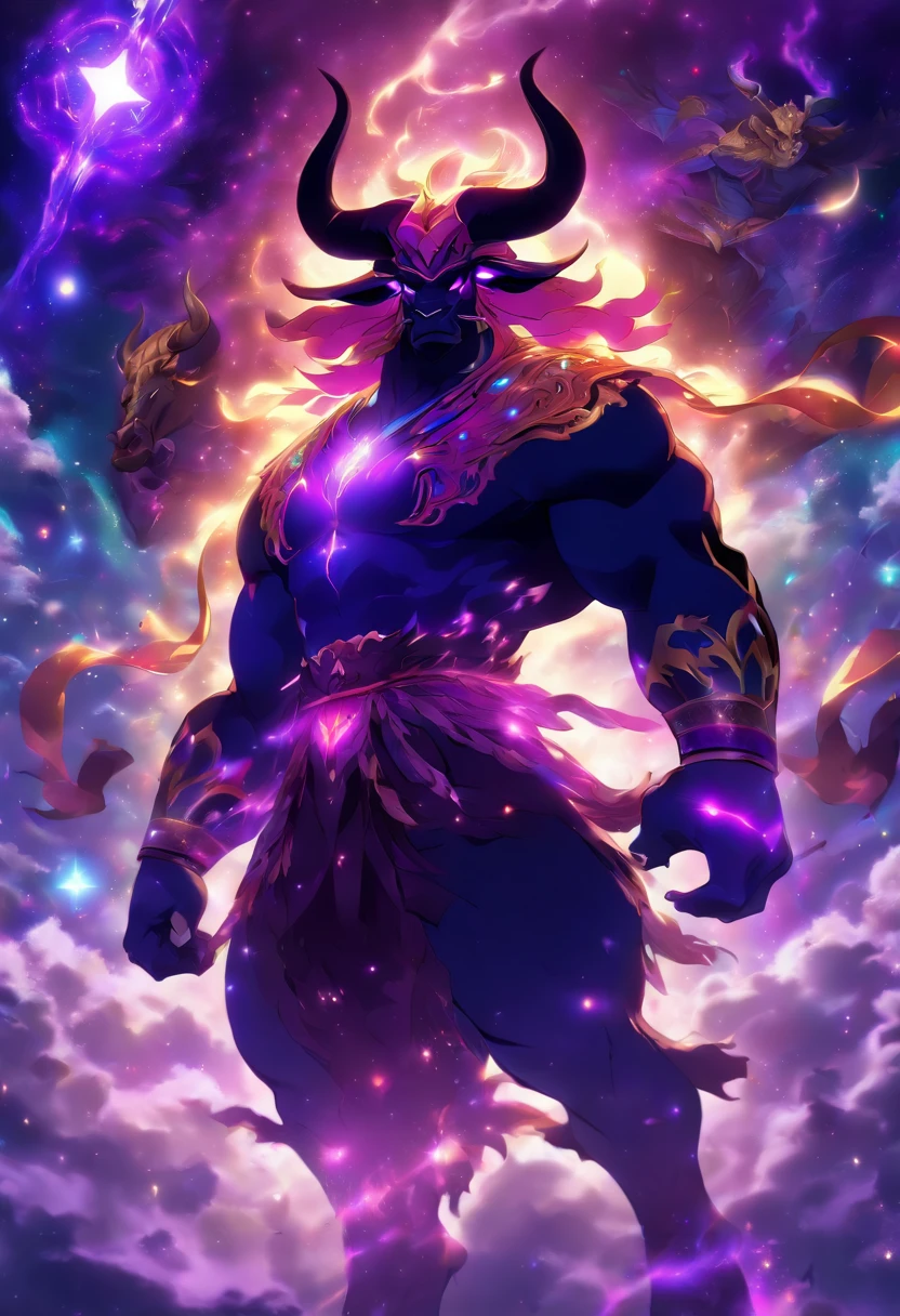 (((Man vs. Cosmic Bull))) best quality, ultra-high resolution, 4K detailed CG, masterpiece, Persian God, God of light, purple Cosmic Bull, Persian clothing, Persian mythology, aesthetics, ((Fighting with the Bull)), Beautiful image, centered on the screen, full body