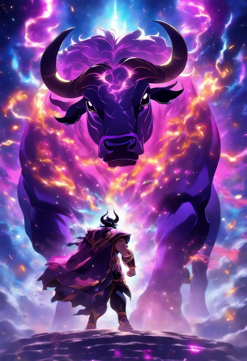 (((Man vs. Cosmic Bull))) best quality, ultra-high resolution, 4K detailed CG, masterpiece, Persian God, God of light, purple Cosmic Bull, Persian clothing, Persian mythology, aesthetics, ((Fighting with the Bull)), Beautiful image, centered on the screen, full body