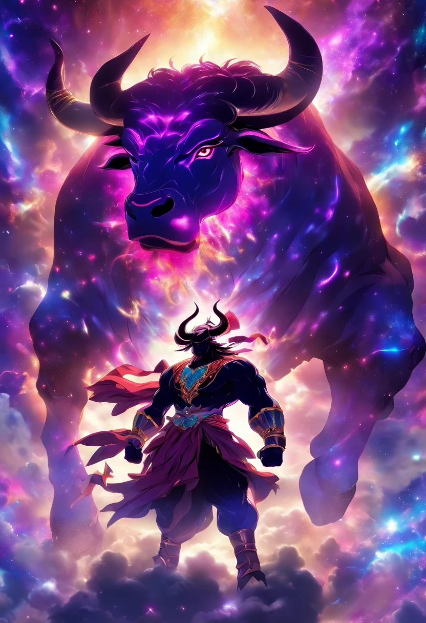 (((Man vs. Cosmic Bull))) best quality, ultra-high resolution, 4K detailed CG, masterpiece, Persian God, God of light, purple Cosmic Bull, Persian clothing, Persian mythology, aesthetics, ((Fighting with the Bull)), Beautiful image, centered on the screen, full body