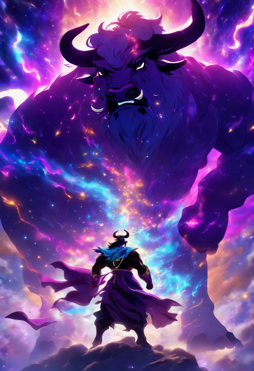 (((Man vs. Cosmic Bull))) best quality, ultra-high resolution, 4K detailed CG, masterpiece, Persian God, God of light, purple Cosmic Bull, Persian clothing, Persian mythology, aesthetics, ((Fighting with the Bull)), Beautiful image, centered on the screen, full body