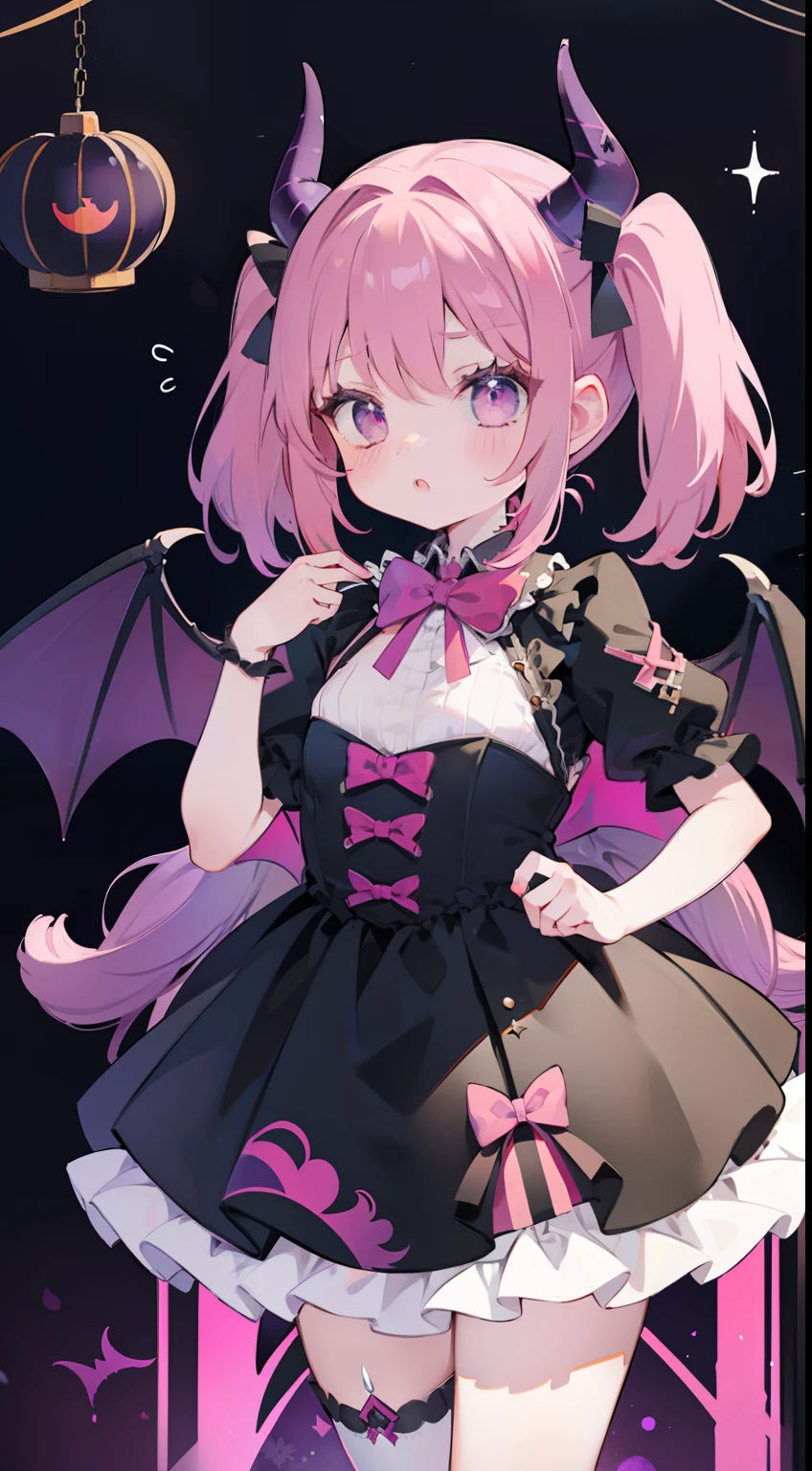 One girl、Pink twin tails、Purple Eye、Small Devil、Cosplay、Small horns、Devil's Wings、natta、Halloween、Fantasy background、ridicule、are flying