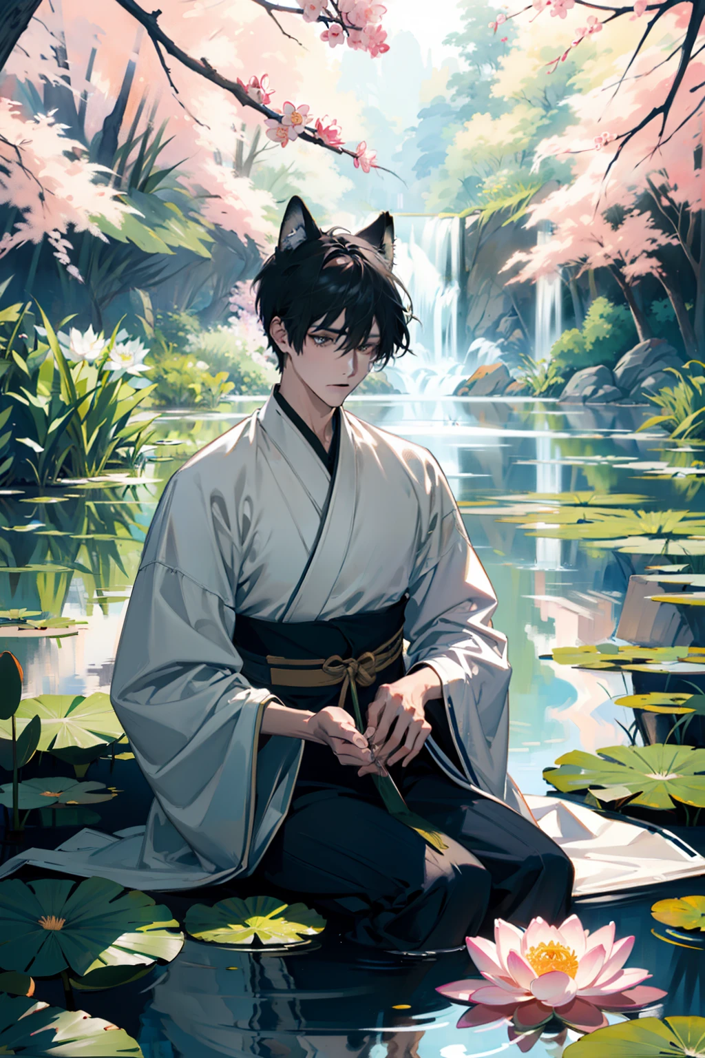 (absurderes、hight resolution、ultra-detailliert)、One Man、youth、a handsome、Fox ears、Beige hair、tall lean、kimono、Blue band、short-haired、best ratio four finger and one thumb、Best light and shadow、The background is in front of the pond、ink and watercolor painting、sunlights、sitting on、Dappled sunlight、tag、depth of fields、a plant、Water lotus、Mouth closed
