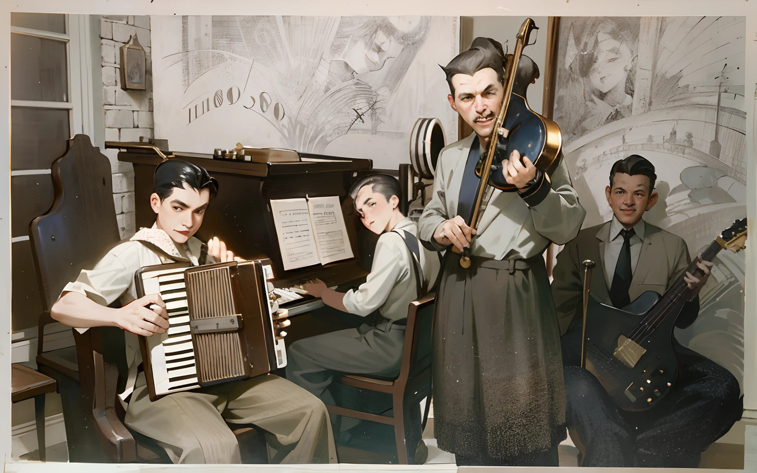 there are three men playing music together in a room, musicians playing instruments, photo from 1940s, unknown location, historical picture, early black and white photo, 1940s photo, band playing, band, musicians, 1 9 4 0 picture, old picture, taken in the early 2020s, rockabilly band 1950s. 100 percent photorealistic