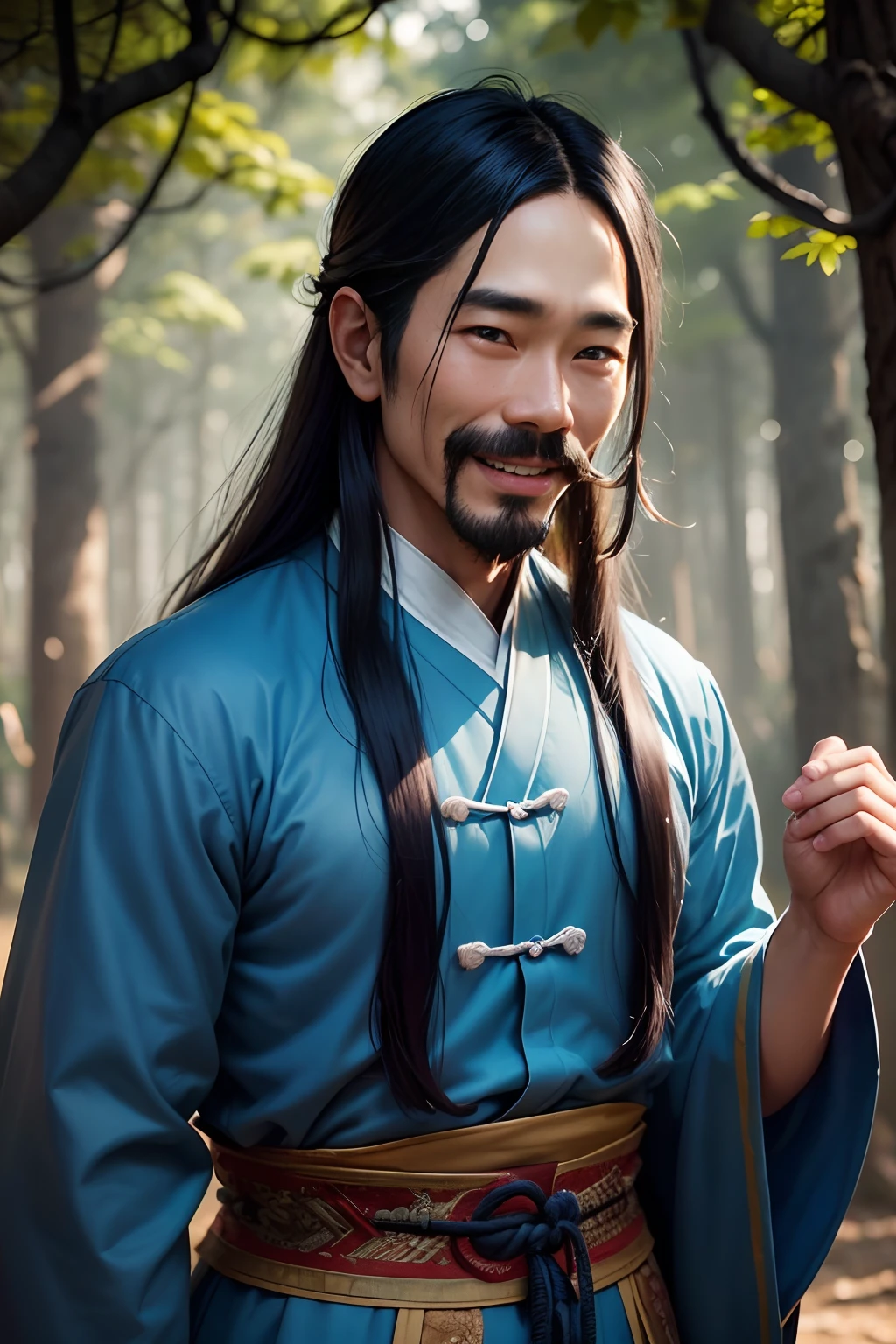 The background is a forest, a 30-year-old man, named Wang, narrow eyes, mustache, long blue hair, thin lips, wearing blue chinese antique clothes, Sinister laughter