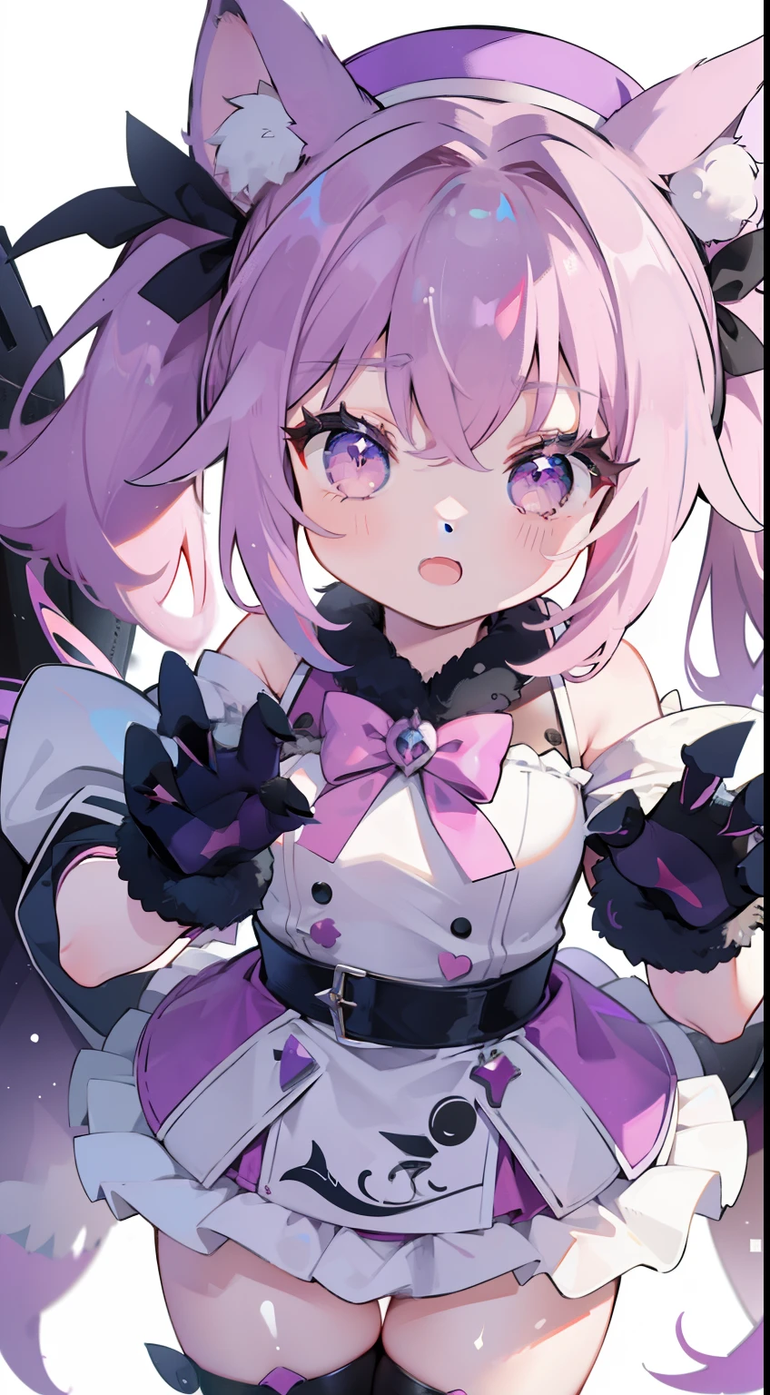 One girl、Pink twin tails、Purple Eye、wolf ear、Pointed teeth、Fluffy hat、Gloves with claws、menace