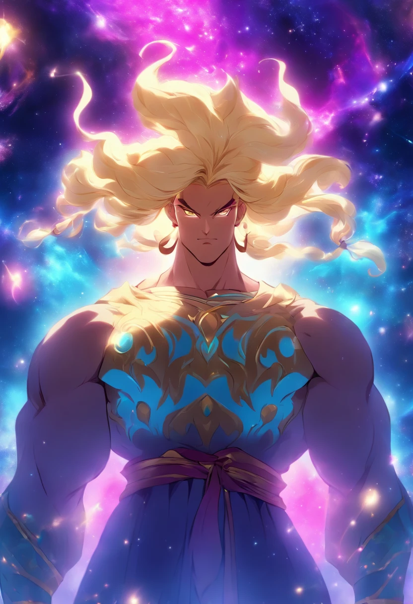 (((Blonde Man,Cosmic Bull))) best quality, ultra-high resolution, 4K detailed CG, masterpiece,Blonde Man,Purple Cosmic Bull, Persian clothing, Persian mythology, aesthetics, ((Man and Cosmic Bull) ), Beautiful image, centered on the screen, full body