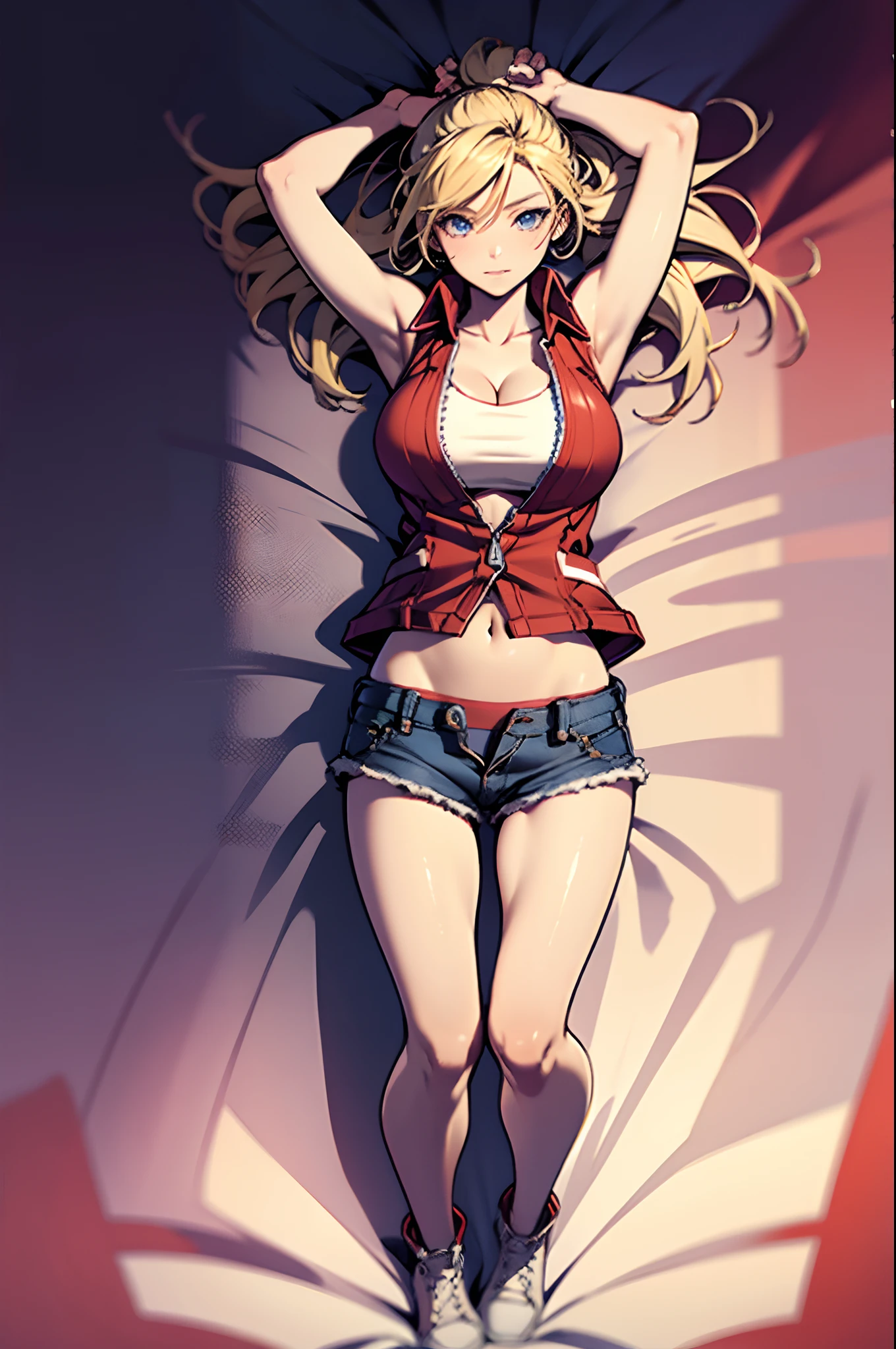 1 girl, terry bogard girl, blonde hair, blue eyes, short white blouse, red sleeveless jacket, denim shorts, no shoes, lying on a bed, arms and legs lying on the bed,full body lying on her back,Viewing the viewer,view from above, view from the ceiling, full body, detailed face, feminine fingers, perfect body, feminine ravens, beautifully detailed eyes