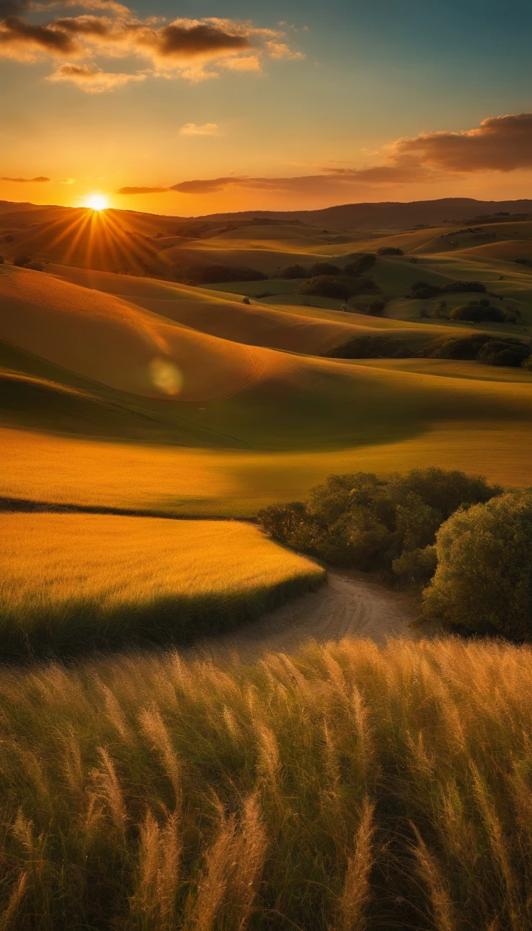 campo de trigo com um por do sol e uma brisa suave,real UHD