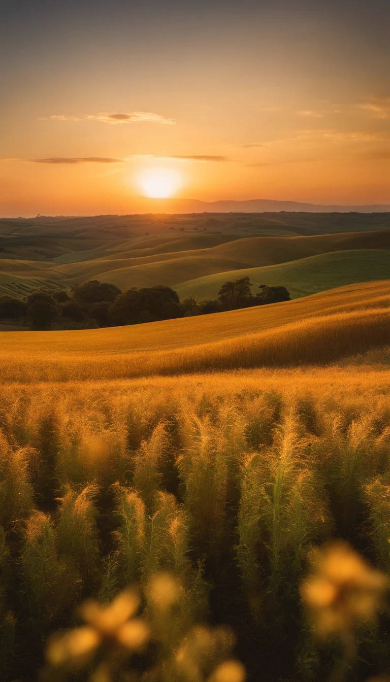 campo de trigo com um por do sol e uma brisa suave,real UHD