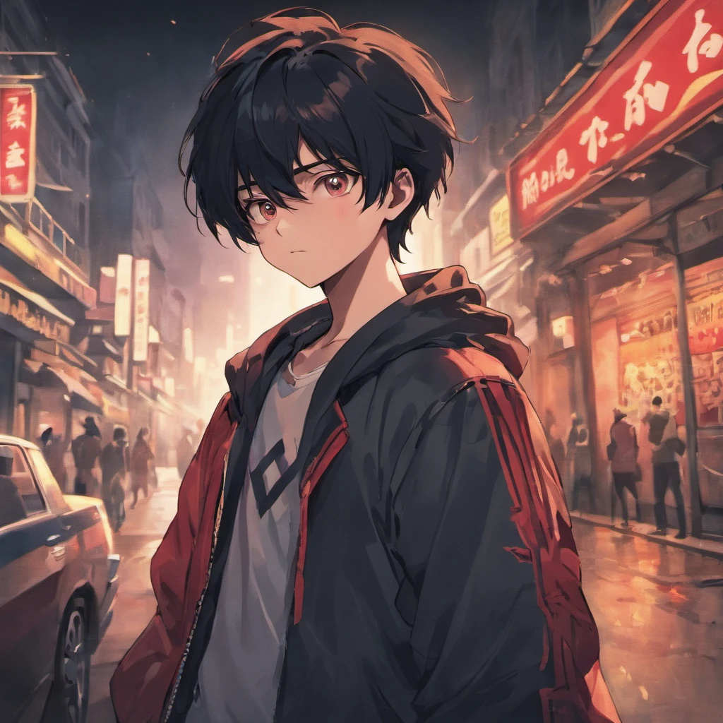 The black-haired protagonist boy、Standing in front of a red AE86LEVIN