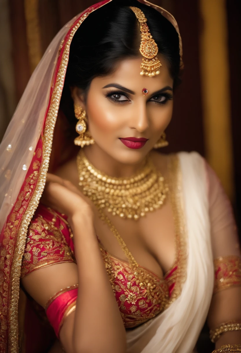 a woman in a sari posing for a picture, indian goddess, traditional beauty, indian, beautiful goddess, ornate cosplay, indian style, indian super model, beautiful maiden, gorgeous woman, south east asian with long, provocative indian, gorgeous beautiful woman, intricate outfit, hindu aesthetic, beautiful asian girl, extremely detailed goddess shot, jaw-dropping beauty, big boobs deep cleavage sexy navel
