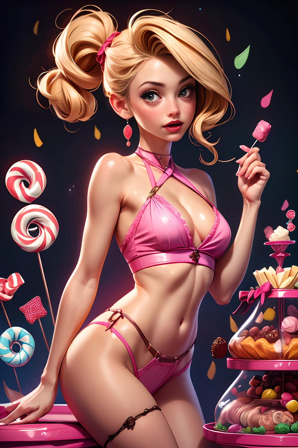 high quality, masterpiece, Cameron Diaz candybar, sour candy, sweets, lollipops, sprinkles, berries, showing clevage, nipple poke,full of candies