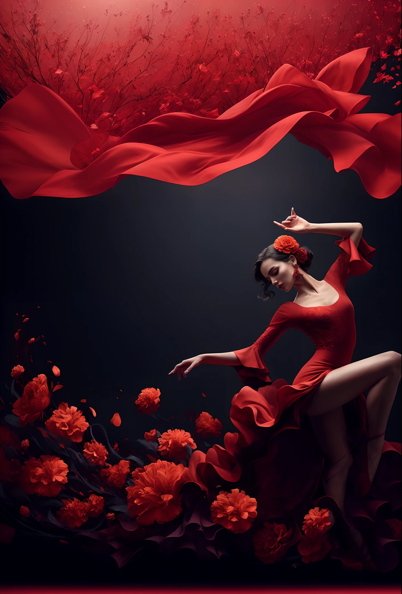 arafed woman in a red dress is dancing in a flowery field, dancing gracefully, sensual dancing, best on adobe stock, falling red petals, portrait shot, rich red colors, perky woman made of petals, dramatic powerful pose, beautiful digital artwork, fine art fashion photography, dramatic elegant pose, elegant and graceful, red and cinematic lighting