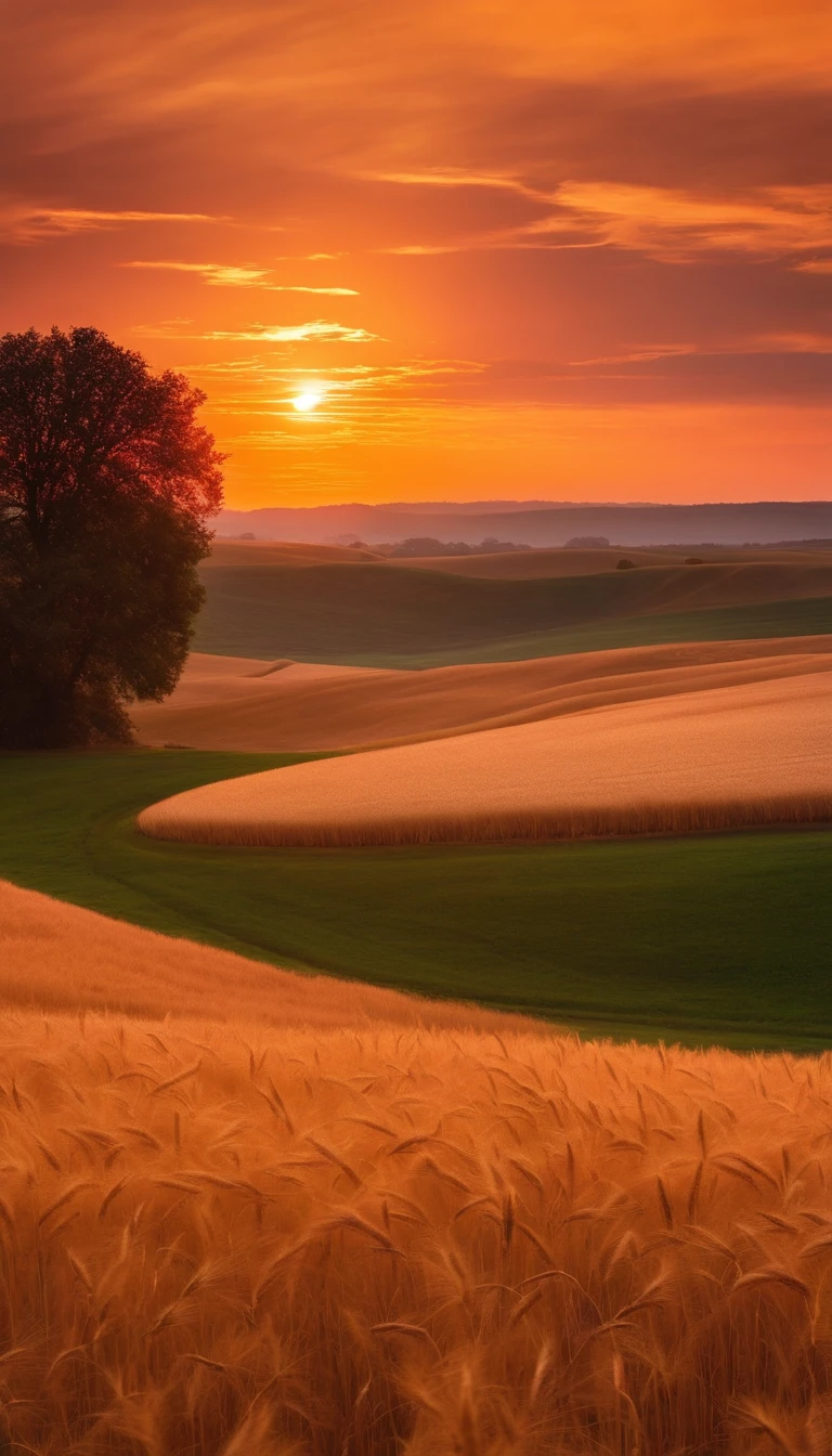 (detailed landscape:1.1, sunset colors),(best quality,highres:1.2),vibrant colors,soft lighting,majestic scenery,field of wheat,warm golden light,swaying grasses,orange and pink hues,tranquil atmosphere,graceful curves,natural beauty,magnificent horizon,peaceful solitude