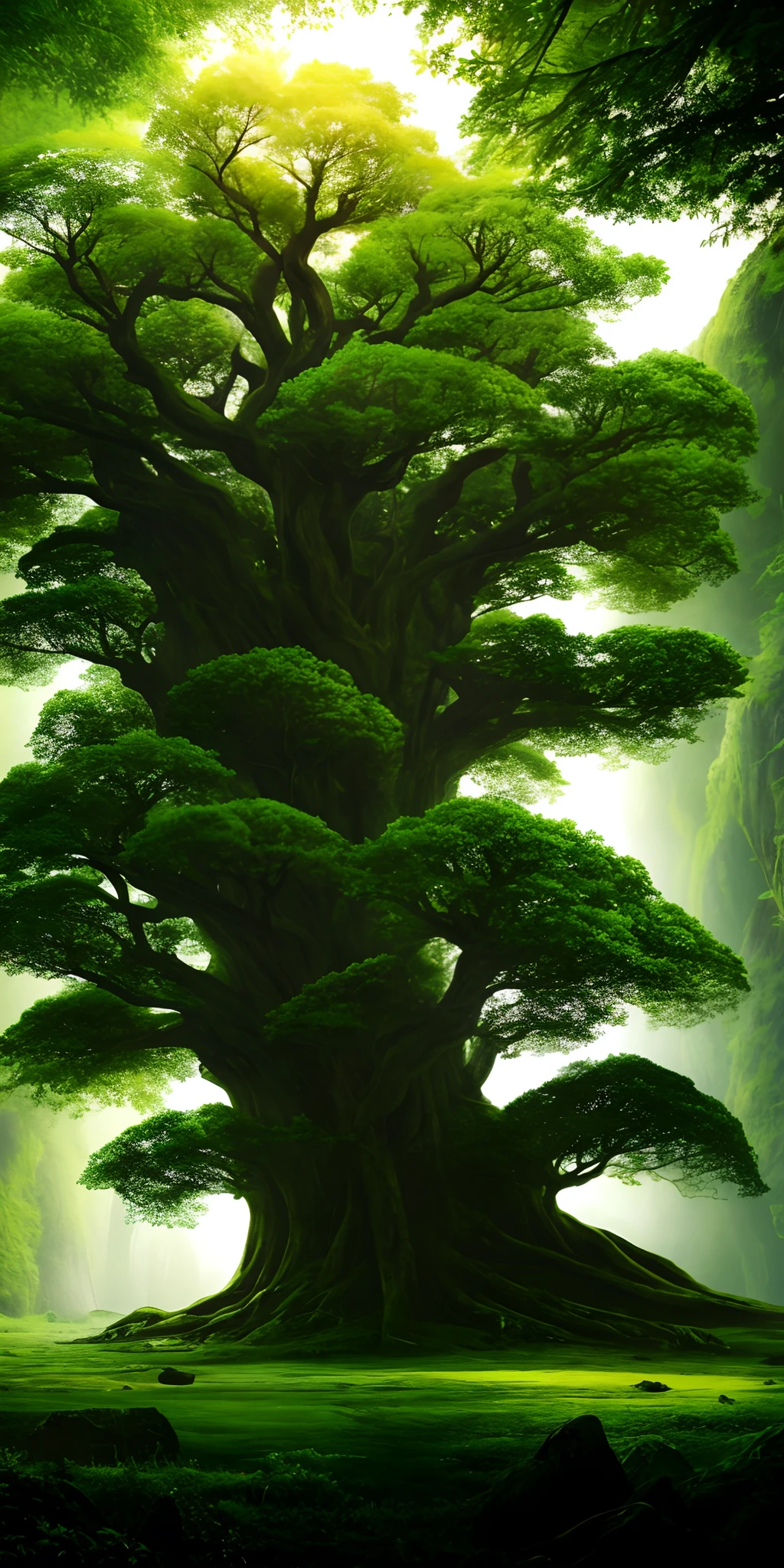 Beautiful, landscape, realistic, otherworldly, exotic, utopian, mythological, forest grove, huge central tree, magical, chromatic
