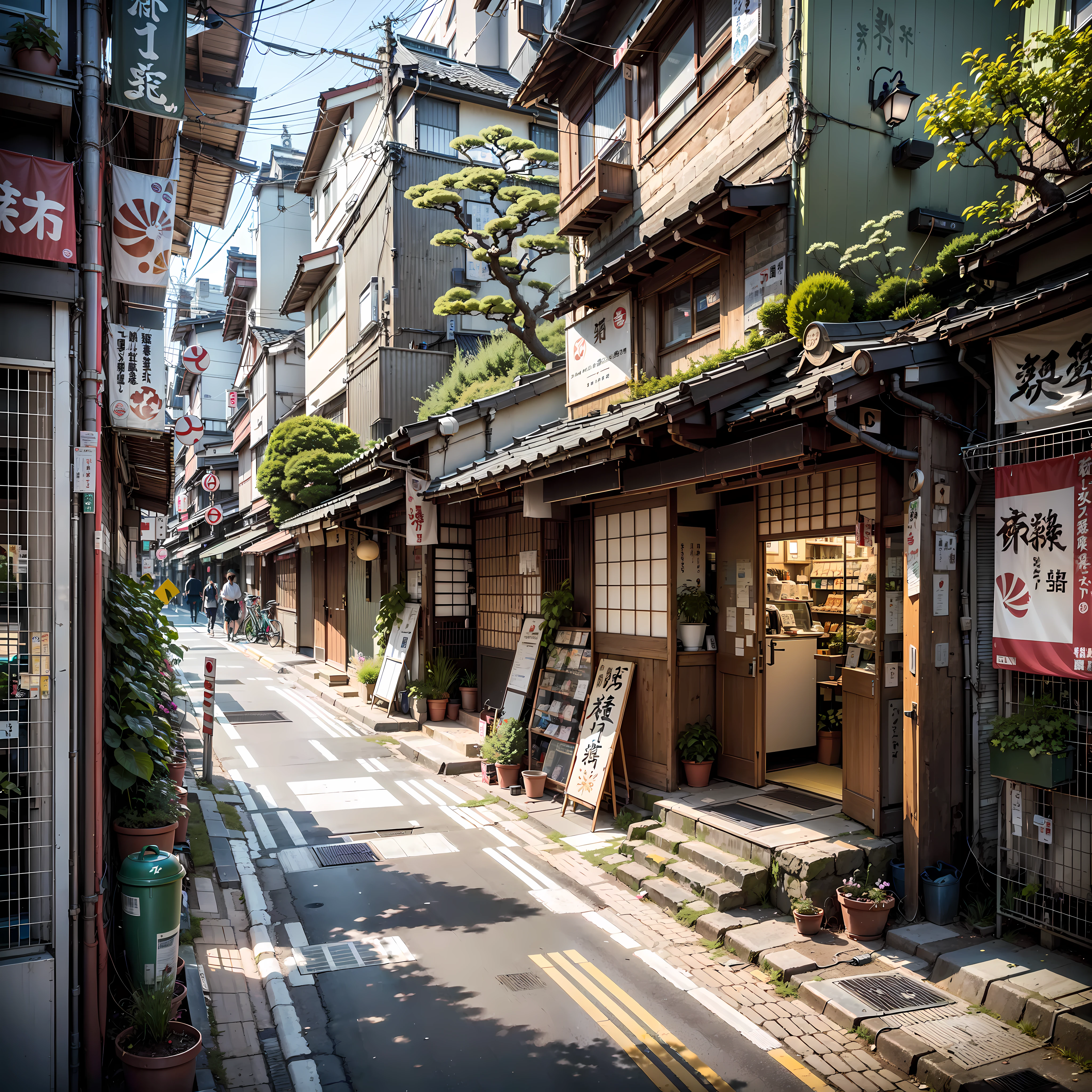 anime background, anime wallpaper, anime, anime style, anime aesthetic, compact urban japanese alley, modern japanese coffee shop, golden lighting coming out of coffee shop window, narrow pathway, plant pots, trees, rocks, trash cans, gutters, pipes, telephone wires, air vents, air ventilation systems, japanese banners, japanese shop signs, japanese billboard, no one in sight, no people, empty street, (no one: 1), best quality, mid day, modern japan architecture, tokyo,