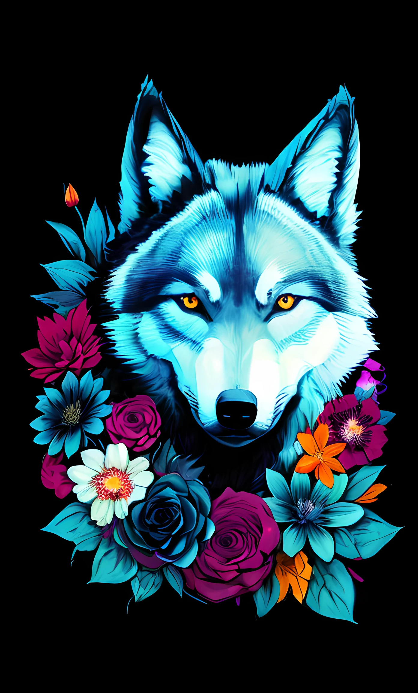 Wolf with flowers,