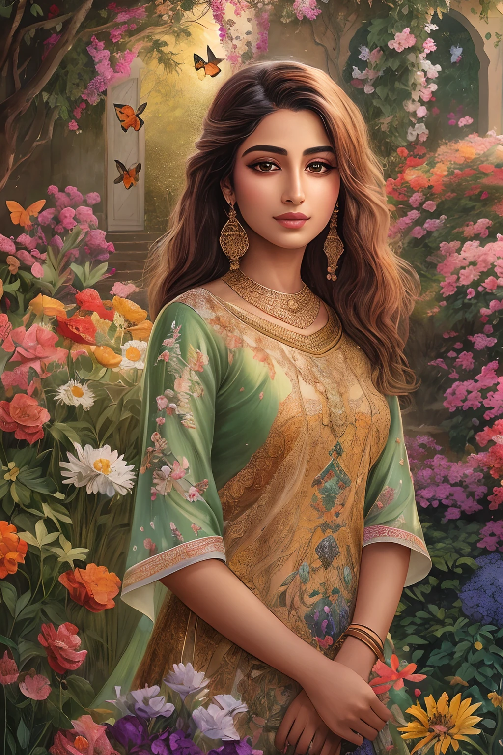 (highres, colorful, portrait), A girl named Shaheen stands in a beautiful garden. She has mesmerizing eyes with long eyelashes and full lips that are vibrant and detailed. She is wearing a flowing dress that compliments her elegant presence. The garden is filled with an abundance of colorful flowers. Golden butterflies flutter around her, adding a touch of magic to the scene. The sunlight gently illuminates the garden, casting a warm and inviting glow. The artwork is created using fine brushstrokes, capturing every intricate detail of Shaheen and the garden. It is a masterpiece, showcasing the artist's skill and attention to realism.nude hot sexy