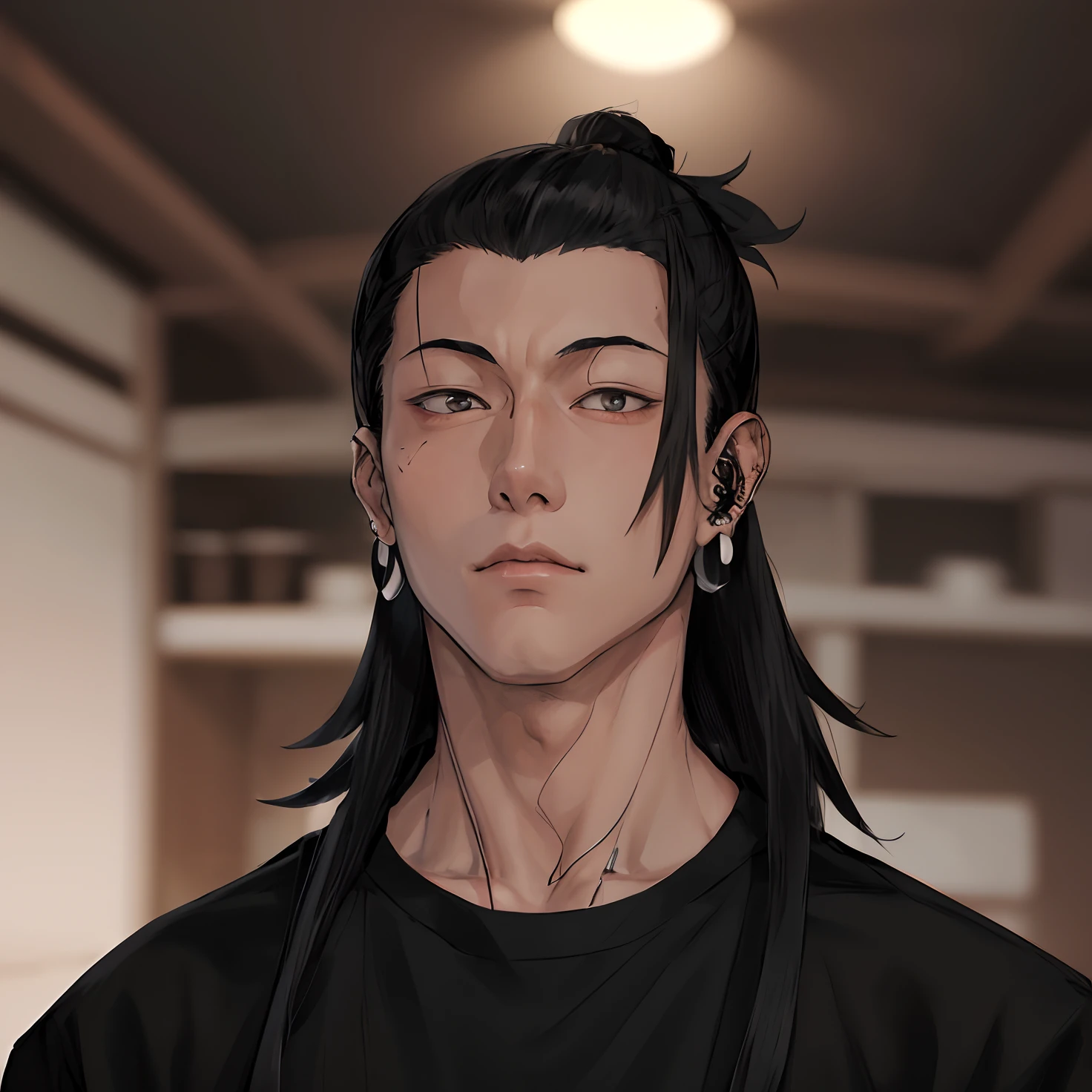 anime man with long black hair, manbun hair,and piercings standing in front of a crowd, geto suguru, Jujutsu kaisen, handsome man,male anime character, realism art